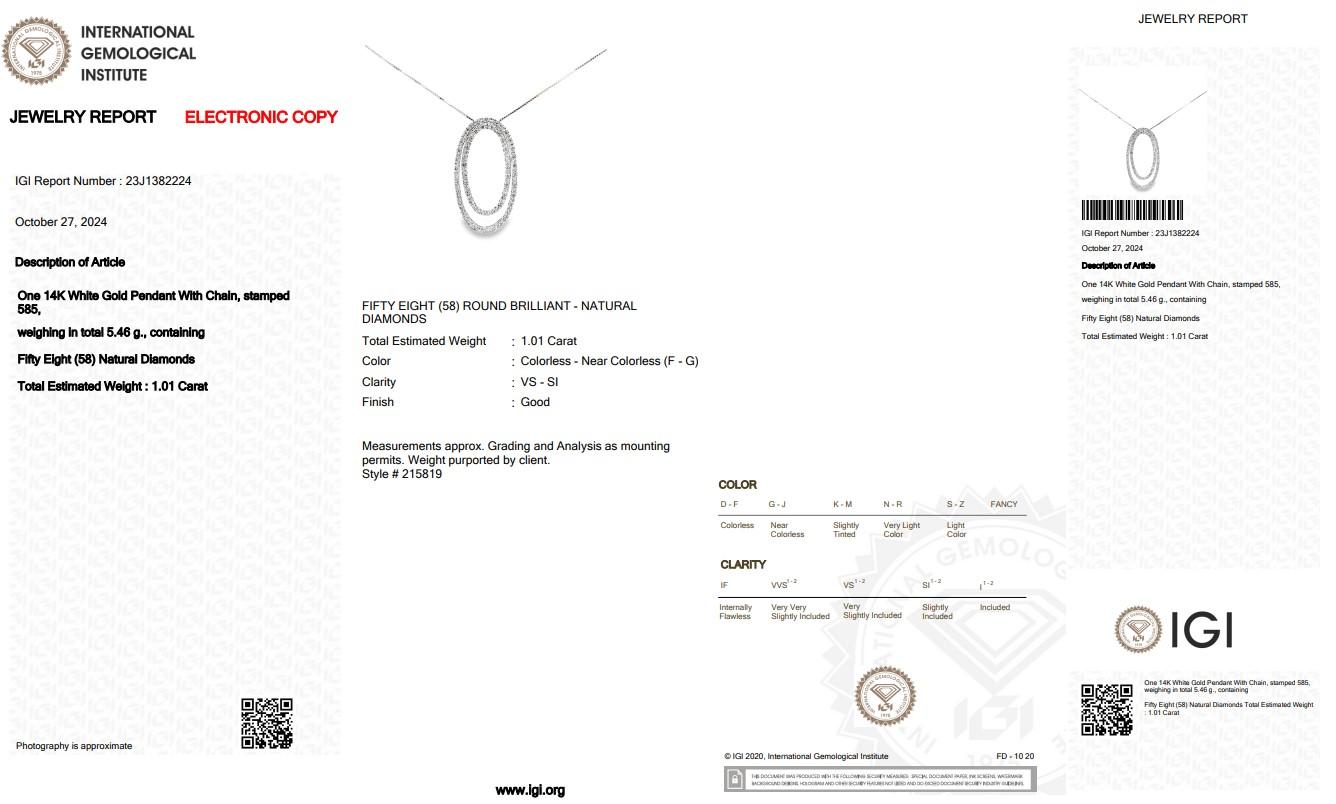 Exquisite 1.01ct Diamonds Necklace in 14k White Gold - IGI Certified 1