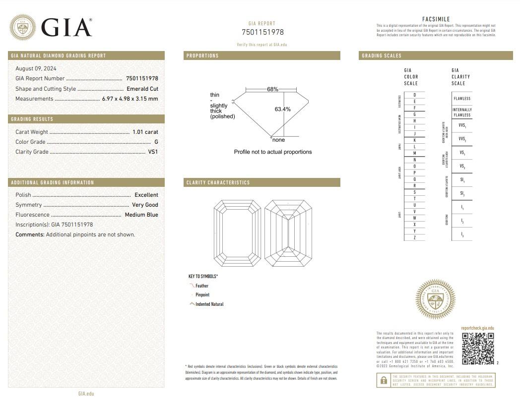 Exquisite 1.01ct Ideal Cut Emerald Cut Diamond - GIA Certified

This stunning 1.01-carat emerald-cut diamond offers a perfect balance of elegance and brilliance. The emerald cut enhances its clarity and elegance, creating a sophisticated, elongated
