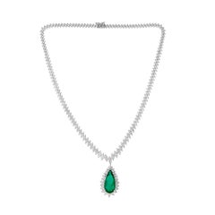 Exquisite 10.37Ct Emerald White Gold Drop Necklace with 14Ct Diamond Halo