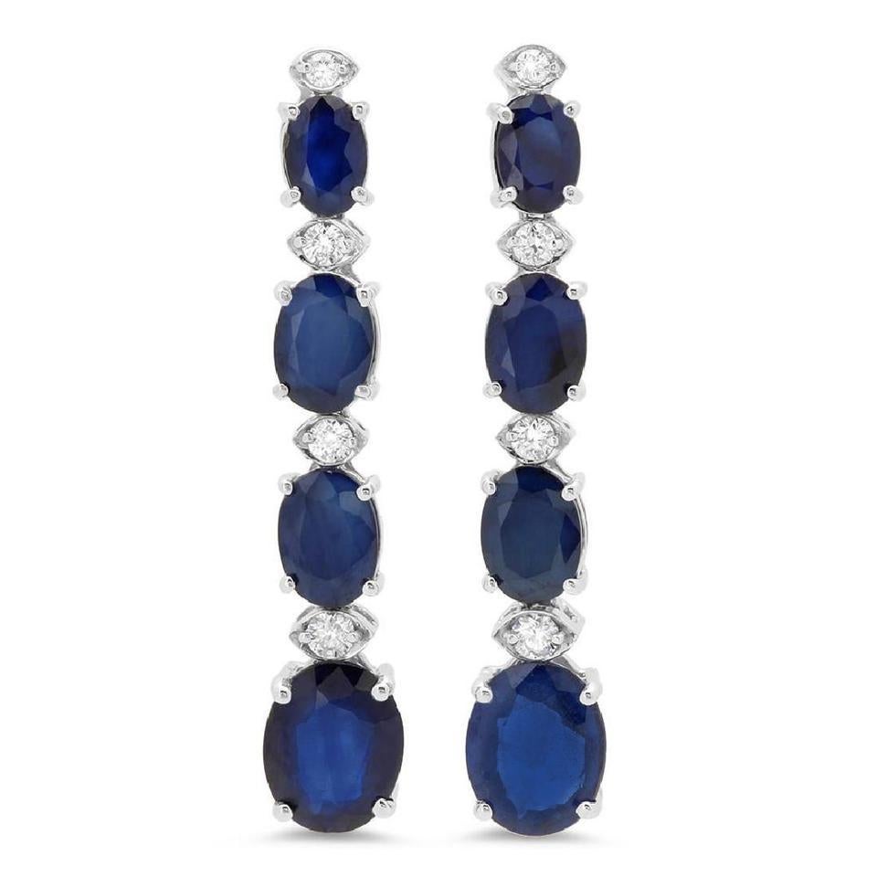 Oval Cut Exquisite 10.40 Carat Natural Sapphire and Diamond 14K Solid White Gold Earring For Sale