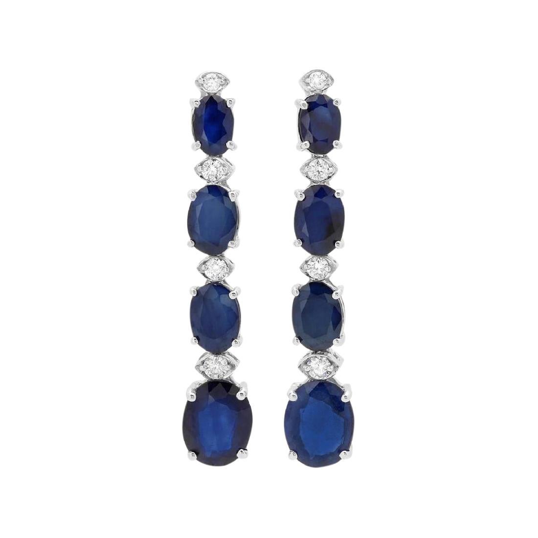 Exquisite 10.40 Carat Natural Sapphire and Diamond 14K Solid White Gold Earring