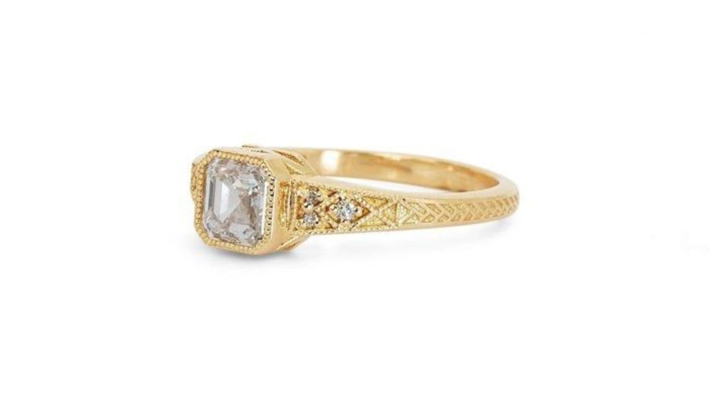Asscher Cut Exquisite 1.04ct Ascher Diamond Ring with Side Diamonds in 18K Yellow Gold