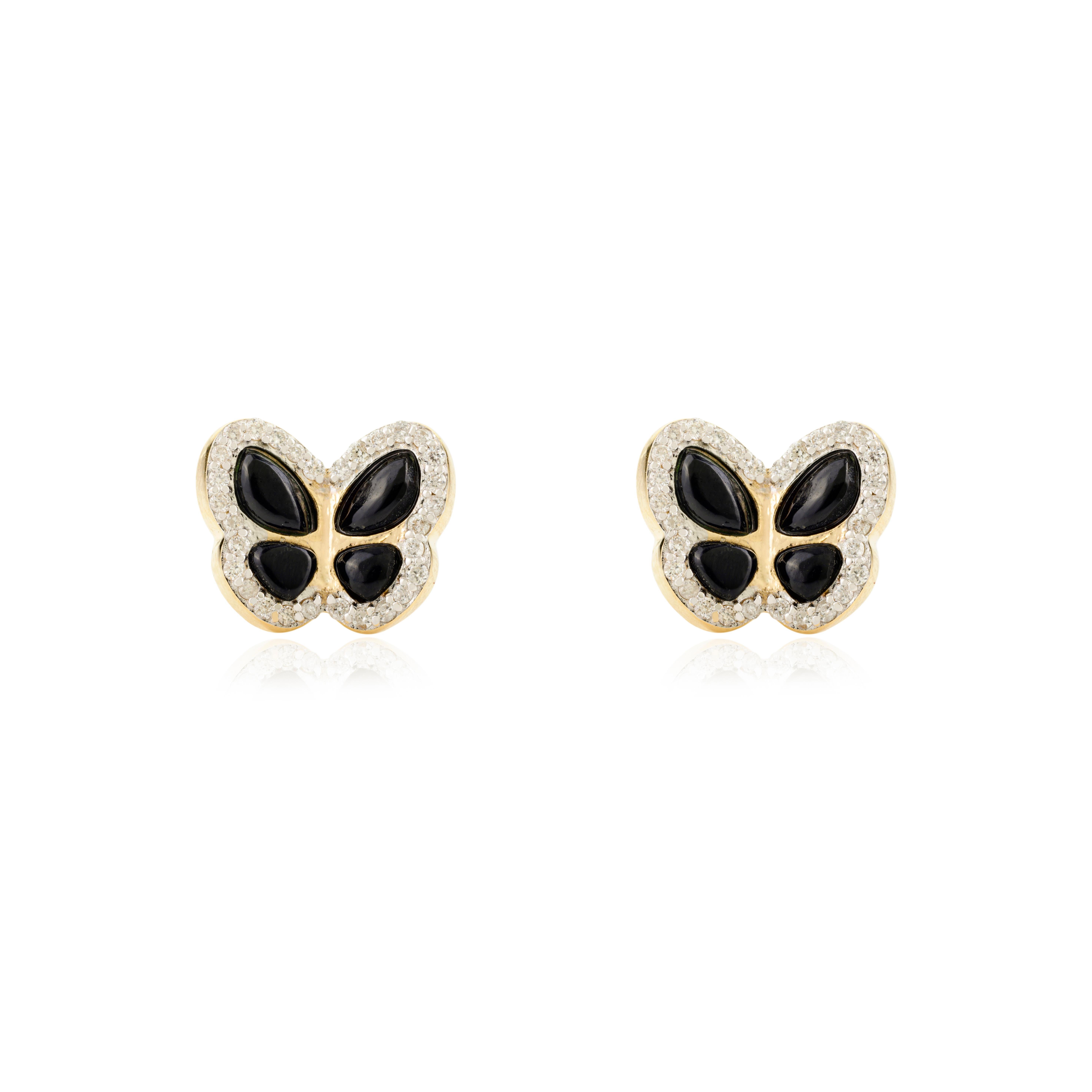 Exquises boucles d'oreilles papillon en or jaune 14k avec 1,08 CTW d'onyx noir et diamant pour mettre en valeur votre look. Vous aurez besoin de boucles d'oreilles pour affirmer votre look. Ces boucles d'oreilles créent un look étincelant et luxueux