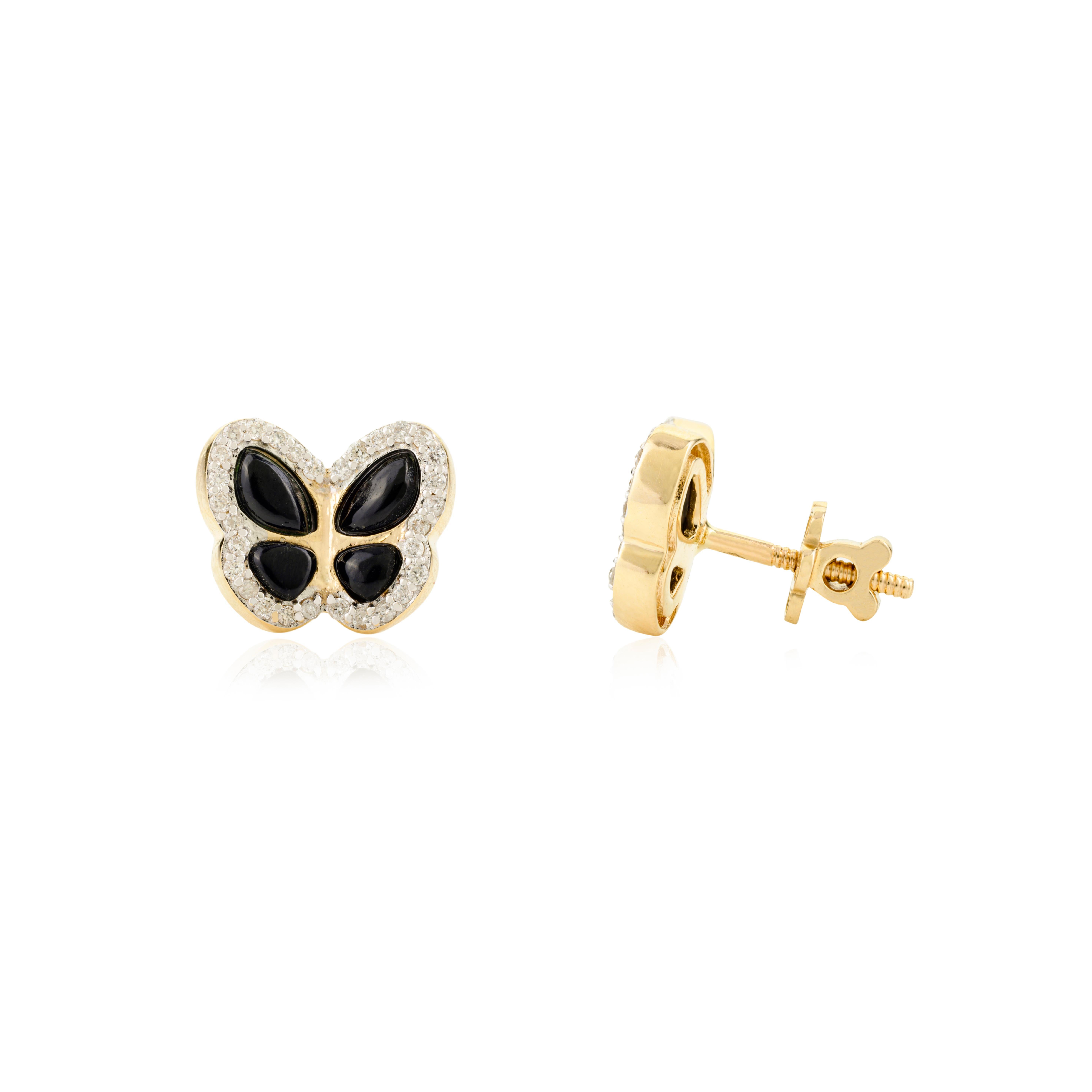 Non taillé Exquises boucles d'oreilles papillon en or jaune 14k avec 1,08 CTW Onyx noir et diamant en vente