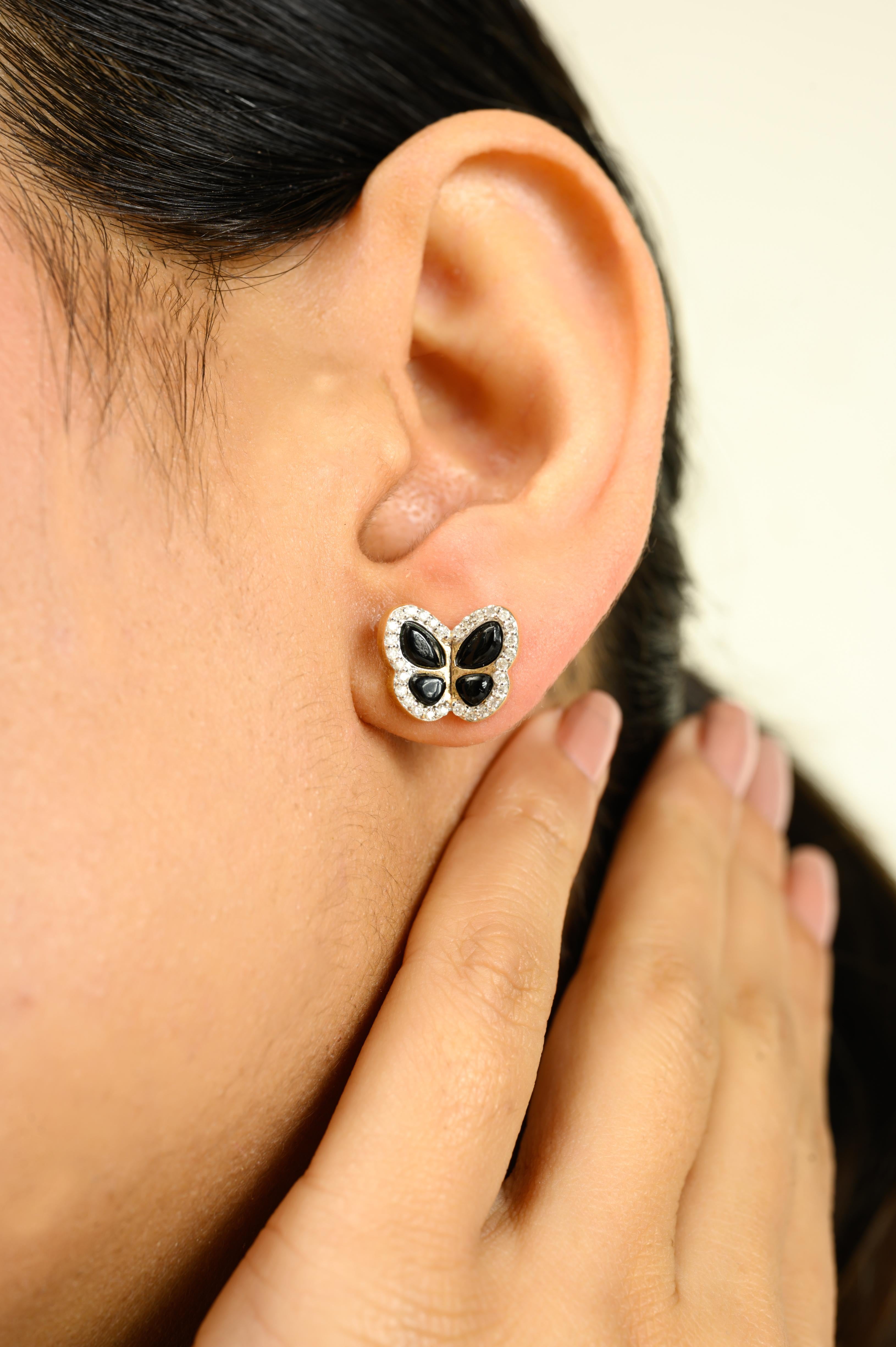 Exquises boucles d'oreilles papillon en or jaune 14k avec 1,08 CTW Onyx noir et diamant Pour femmes en vente