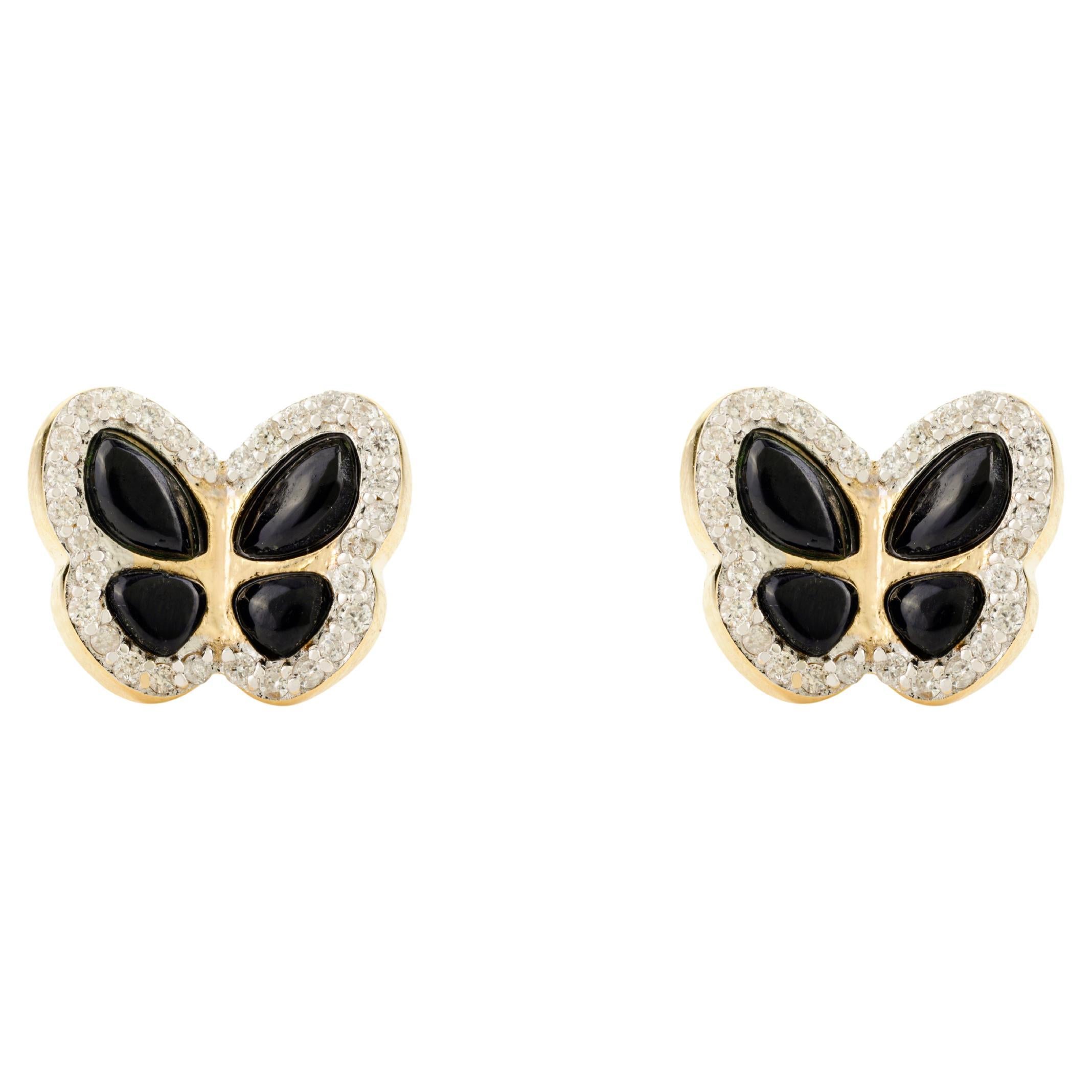 Exquisite 1.08 CTW Black Onyx Diamond Butterfly Stud Earrings in 14k Yellow Gold