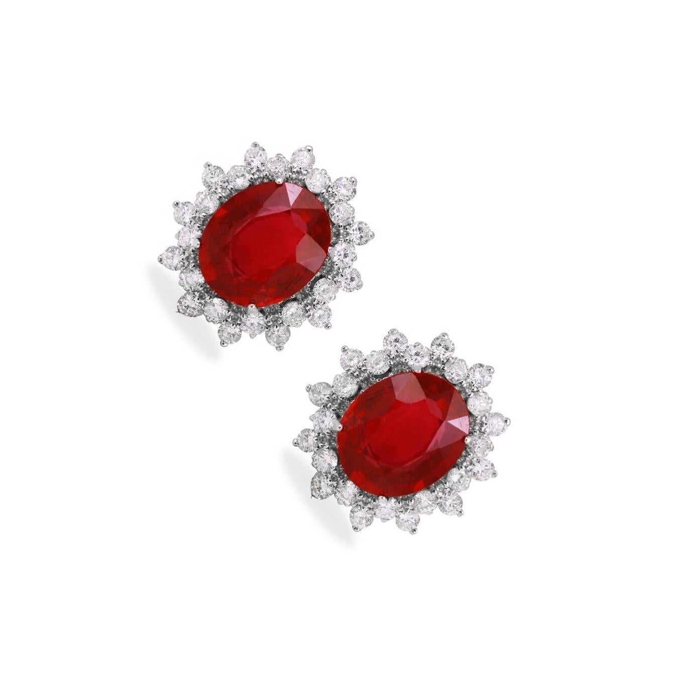 Round Cut Exquisite 11.03 Carat Ruby and Natural Diamond 14K Solid White Gold Earrings For Sale