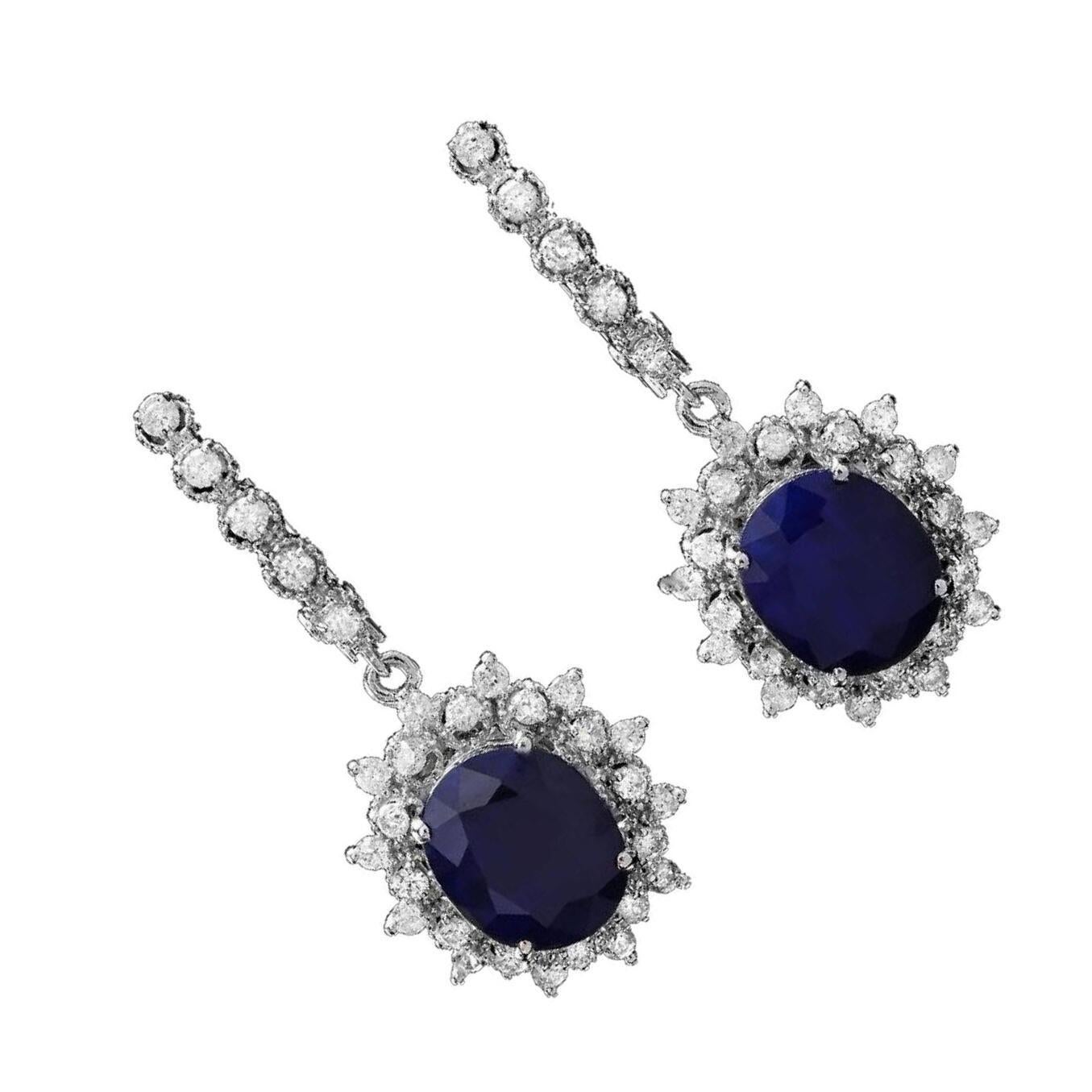 Exquisite 11.40 Carat Natural Sapphire and Diamond 14K Solid White Gold Earring In New Condition For Sale In Los Angeles, CA