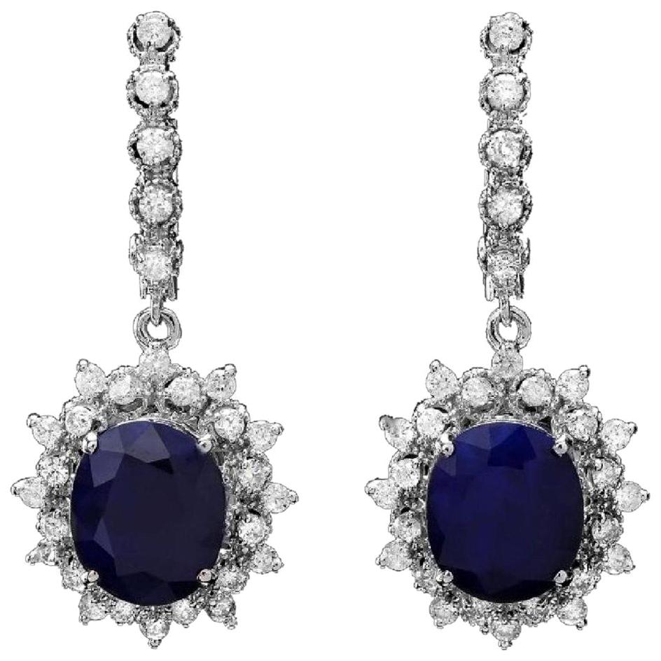 Exquisite 11.40 Carat Natural Sapphire and Diamond 14K Solid White Gold Earring For Sale
