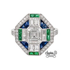 Sophia D. Art Deco Ring in Platinum with Diamonds, Emeralds and Blue Sapphires