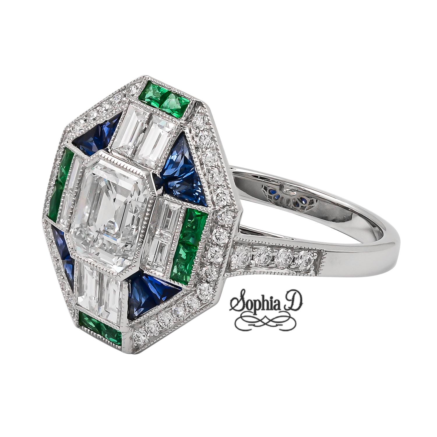 Cushion Cut Sophia D. Art Deco Ring in Platinum with Diamonds, Emeralds and Blue Sapphires For Sale
