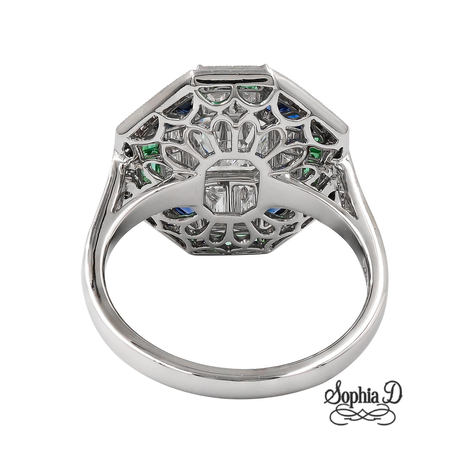 Sophia D. Art Deco Ring in Platinum with Diamonds, Emeralds and Blue Sapphires In New Condition For Sale In New York, NY