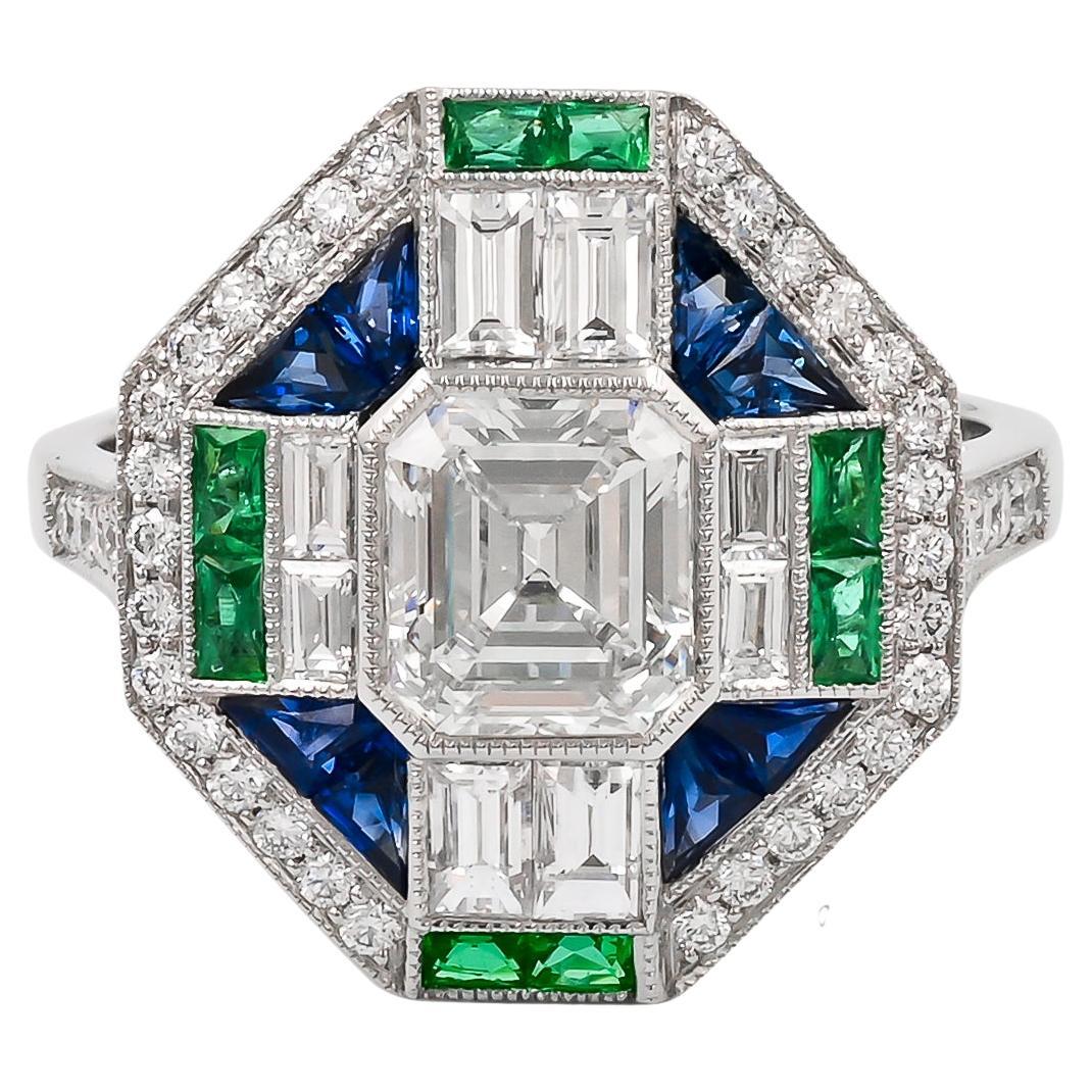 Sophia D. Art Deco Ring in Platinum with Diamonds, Emeralds and Blue Sapphires For Sale