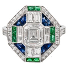 Sophia D. Art-déco-Ring aus Platin mit Diamanten, Smaragden und blauen Saphiren
