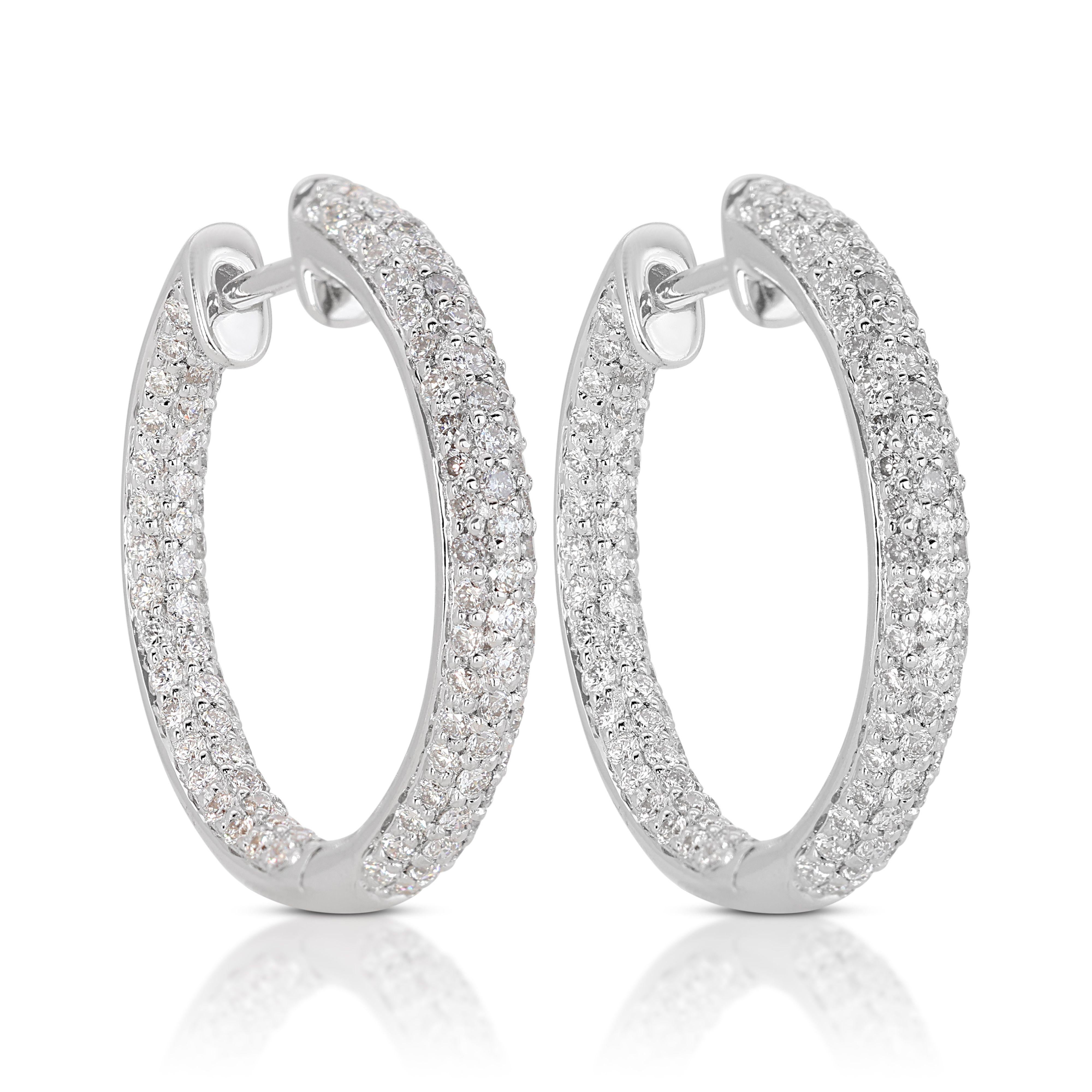 Round Cut Exquisite 1.15ct Hoop Diamond Earrings set in 18K White Gold For Sale