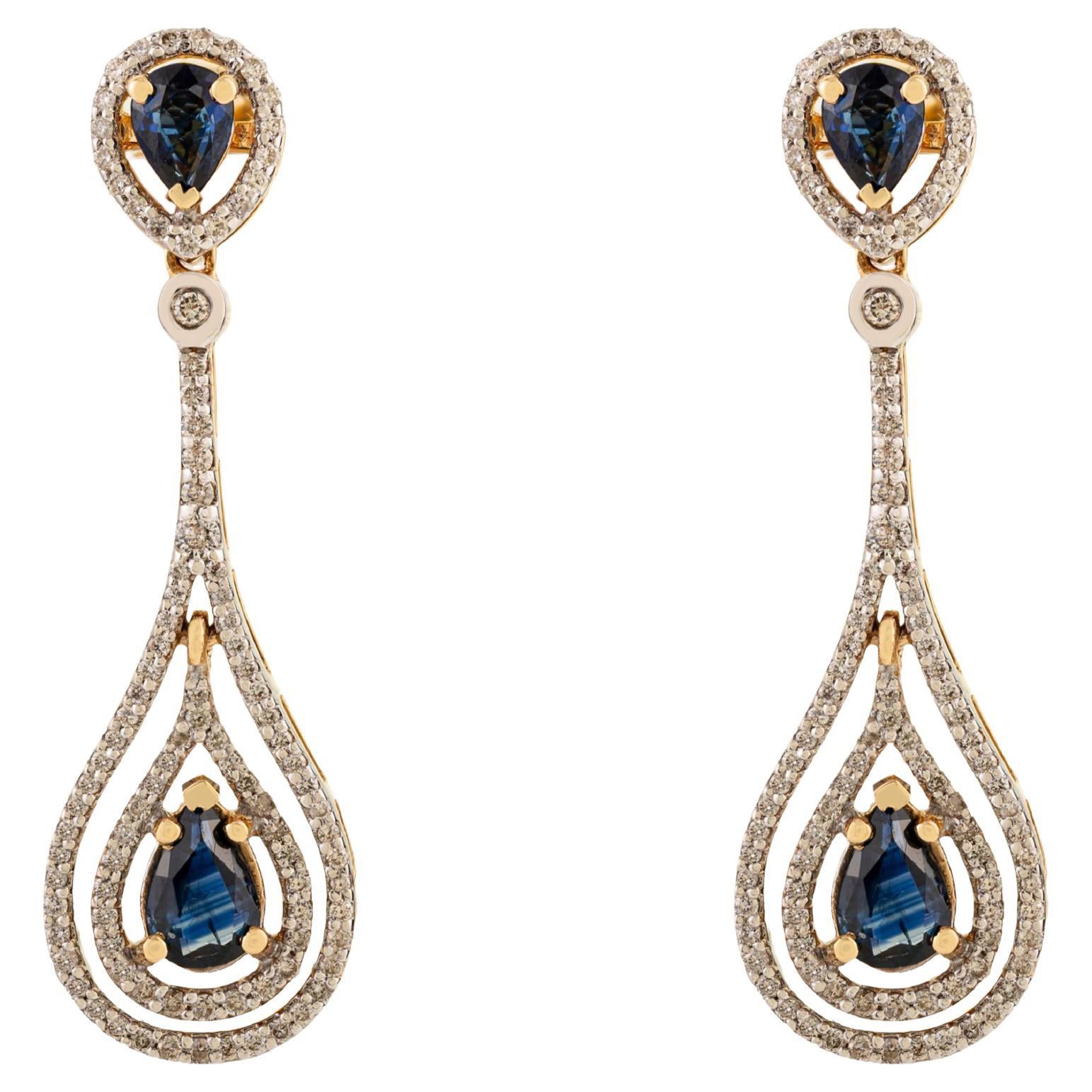 Exquisite 1.15Ct Sapphire 
Diamond Long Teardrop Dangle Earrings in 14K Gold For Sale