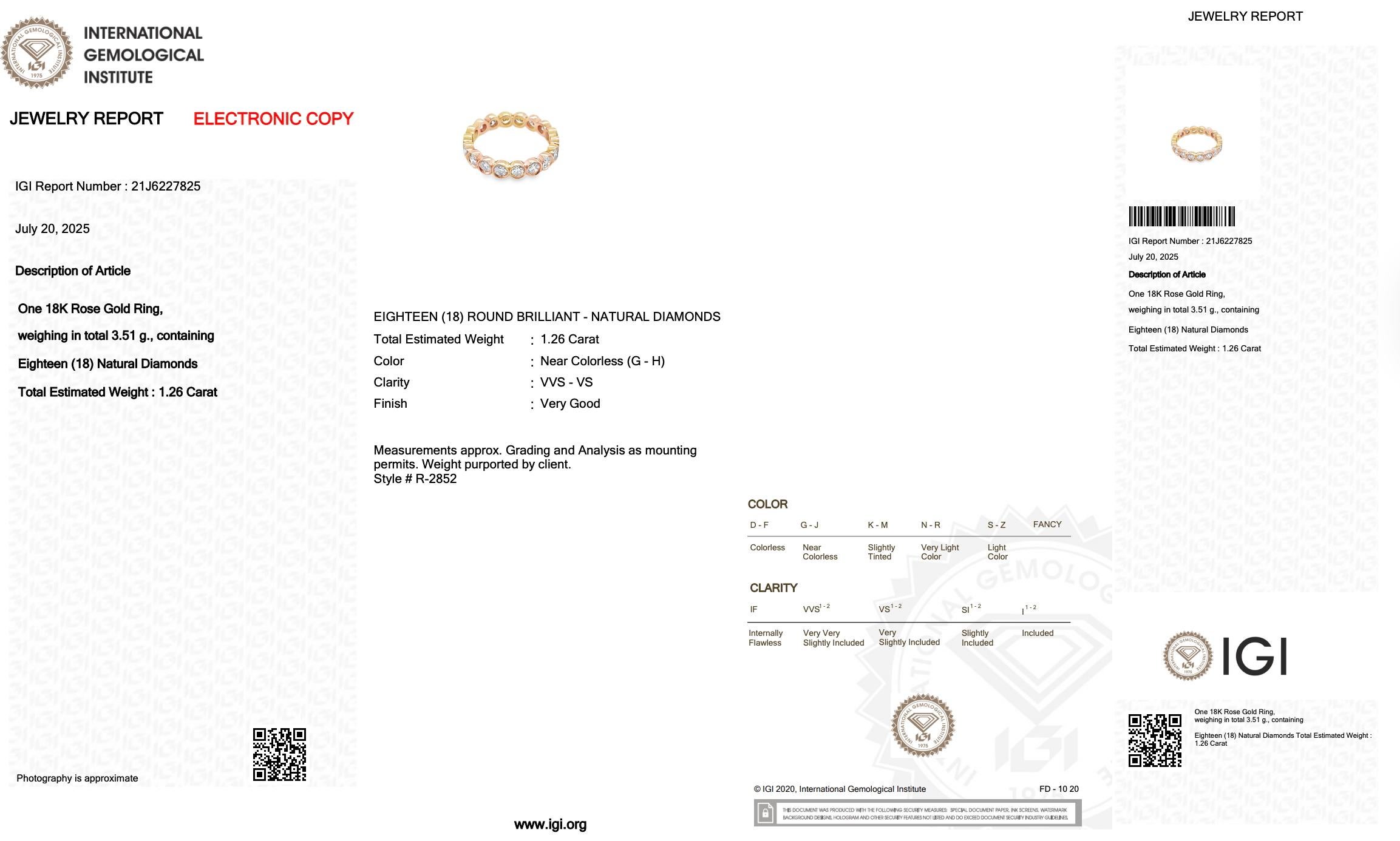Donna Squisito anello di eternità con 1,26 carati di diamanti in oro rosa 18 carati - certificato IGI in vendita