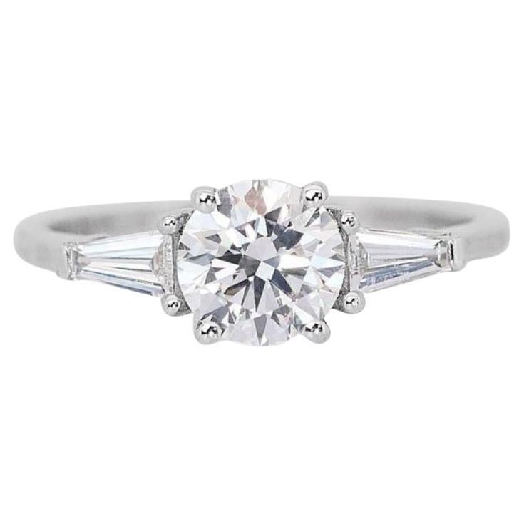 Exquisite 1.28ct Round Brilliant and Taper Cut Diamond Ring in 18K White Gold For Sale