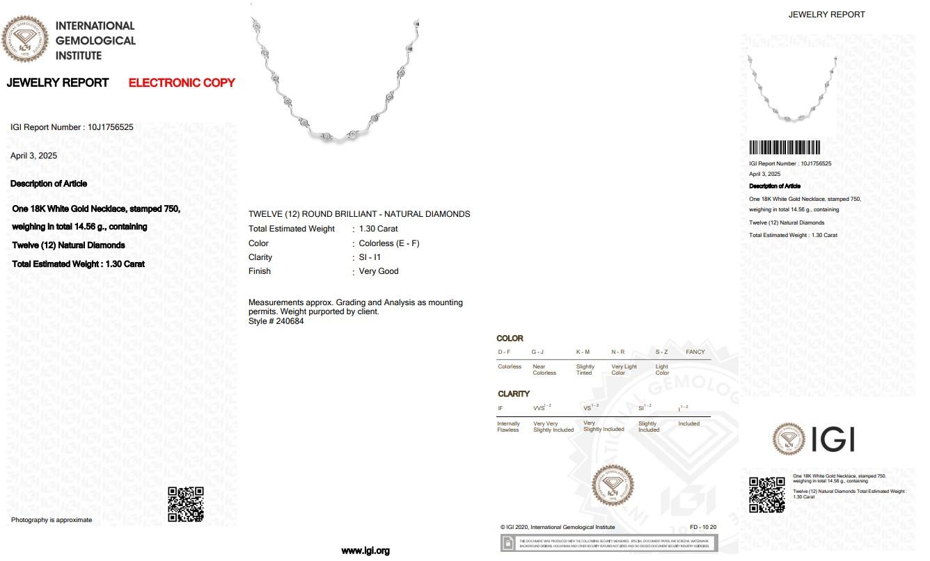 Donna Squisita collana di diamanti da 1,30 carati in oro bianco 18 carati - Certificato IGI in vendita