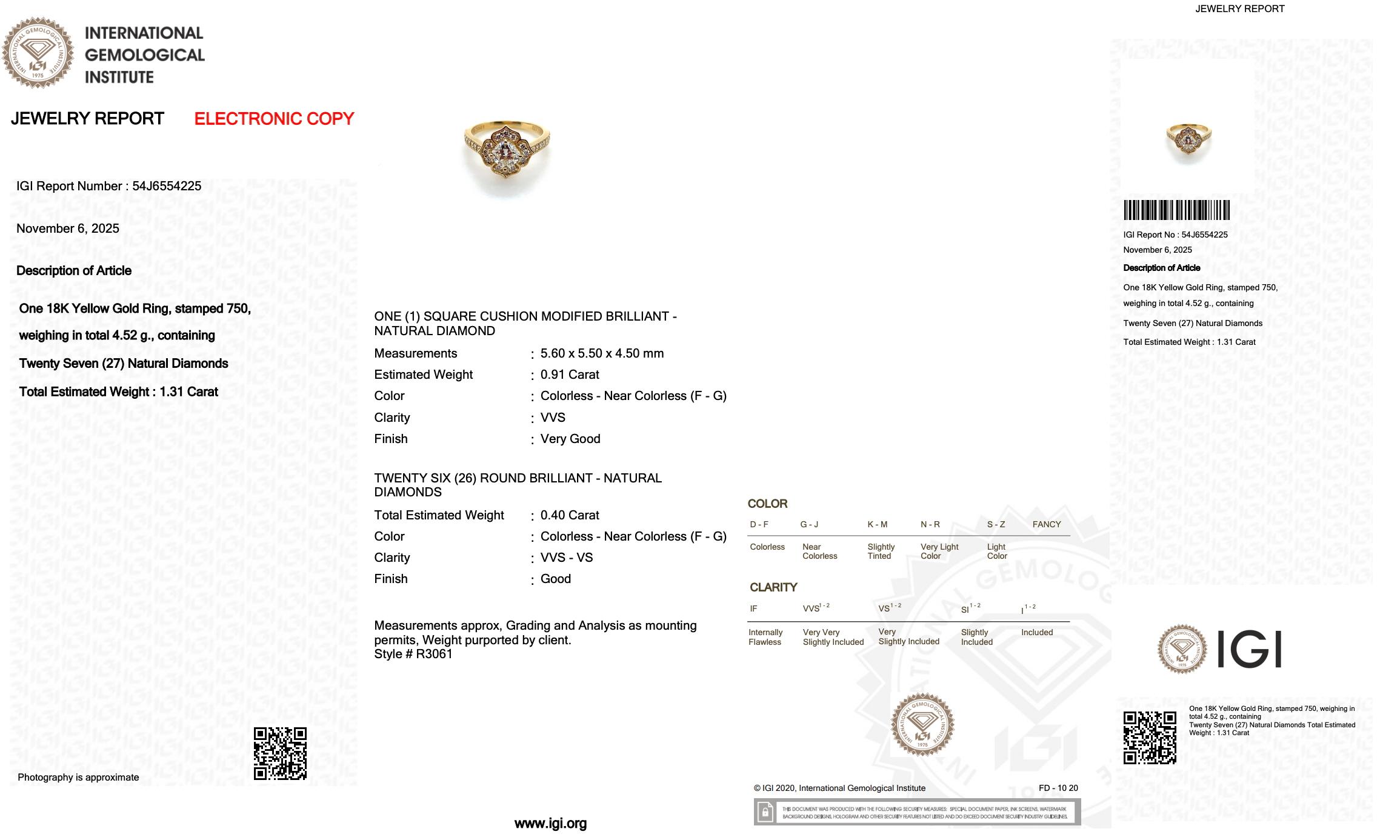 Bague exquise en or jaune 18k avec halo de diamants de 1,31ct - certifiée IGI Pour femmes en vente