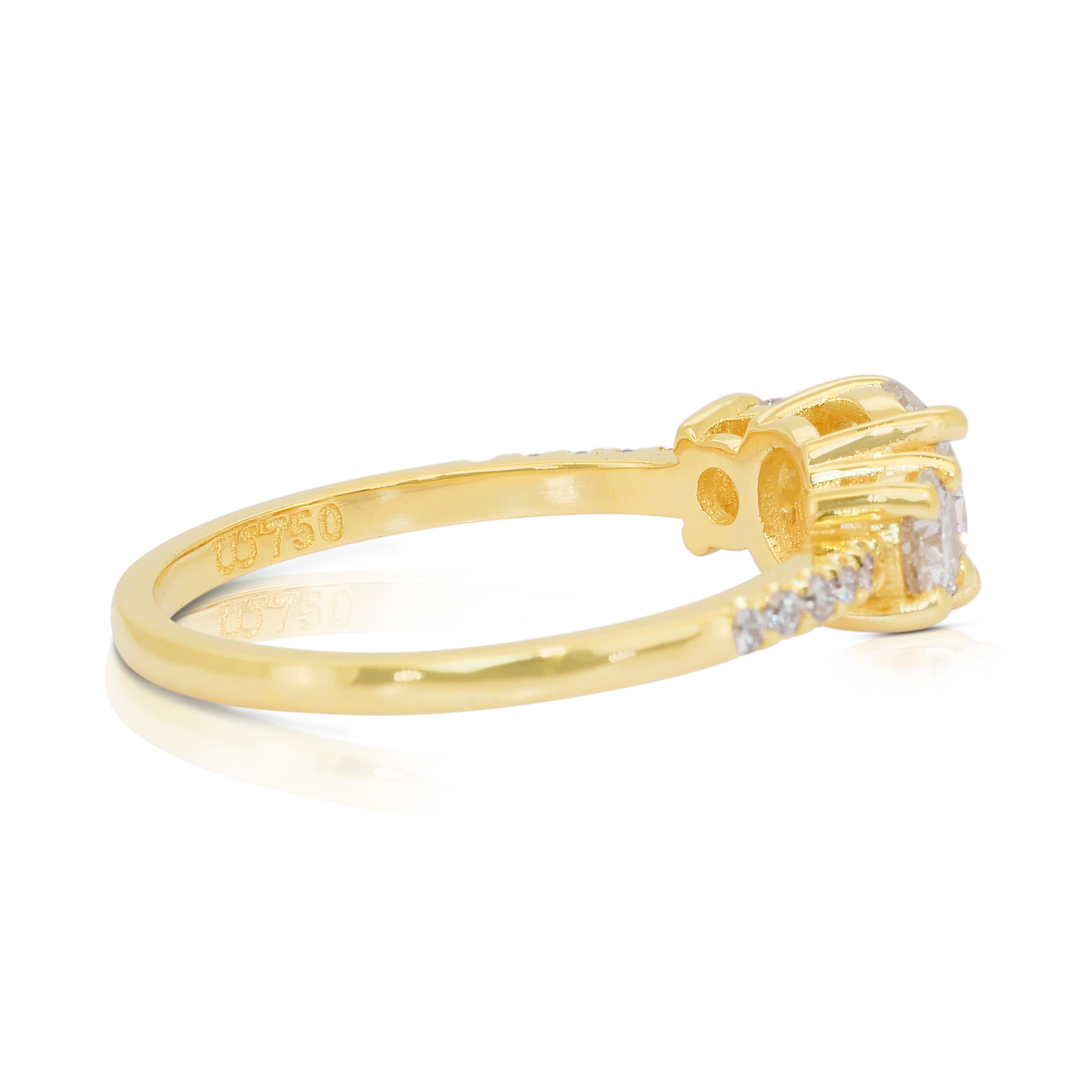 Taille ronde Exquise bague à 3 pierres en or jaune 18 carats de 1,33 ct de diamants - certifiée IGI en vente