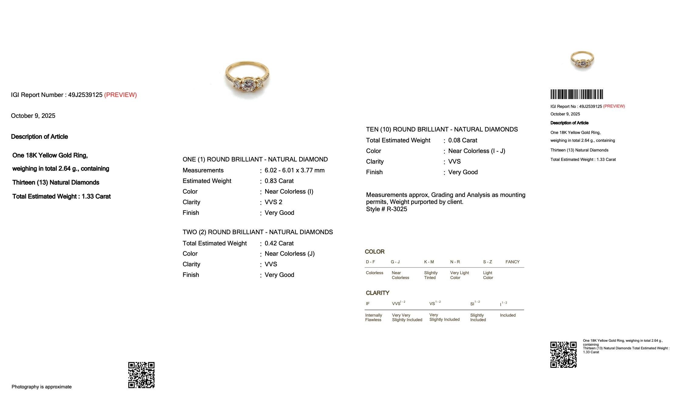 Exquise bague à 3 pierres en or jaune 18 carats de 1,33 ct de diamants - certifiée IGI Pour femmes en vente