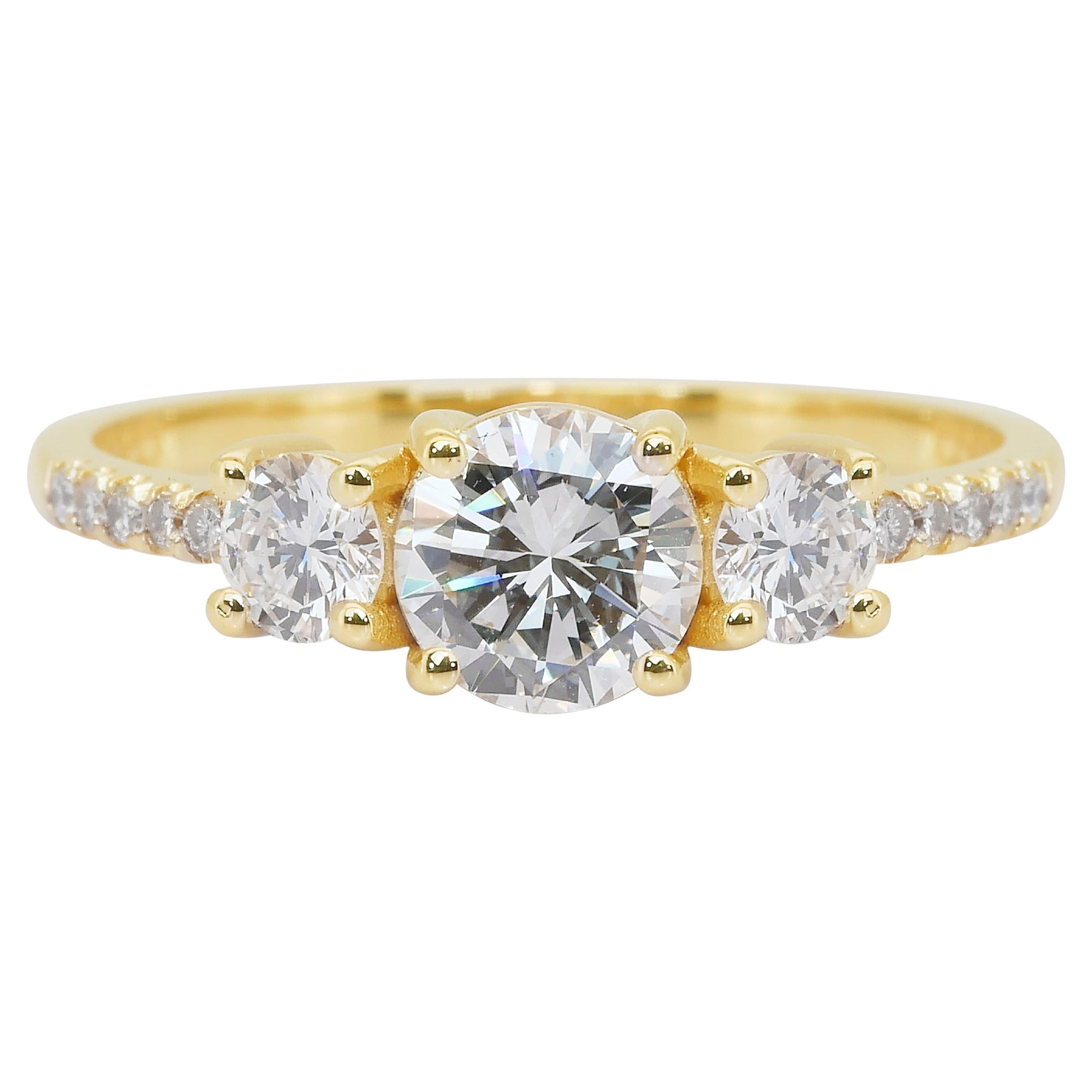 Exquisite 1.33ct Diamonds 3-Stone Ring in 18k Yellow Gold - IGI Certified