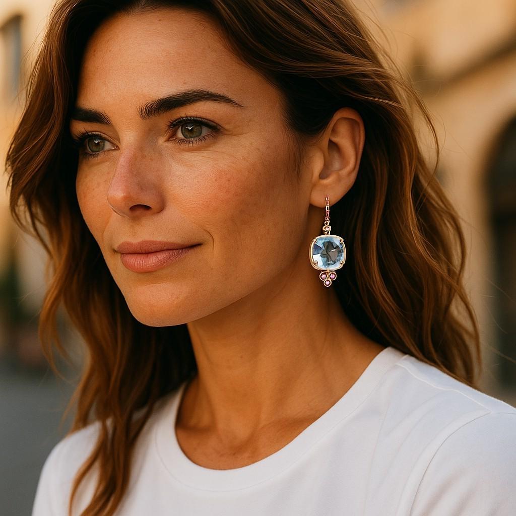 Indulge in timeless elegance with our exquisite 14 Karat Yellow Gold Shepherd Hoop Earrings, meticulously crafted to elevate your jewelry collection. These luxurious earrings feature two captivating, large sky blue topaz gemstones, perfectly matched