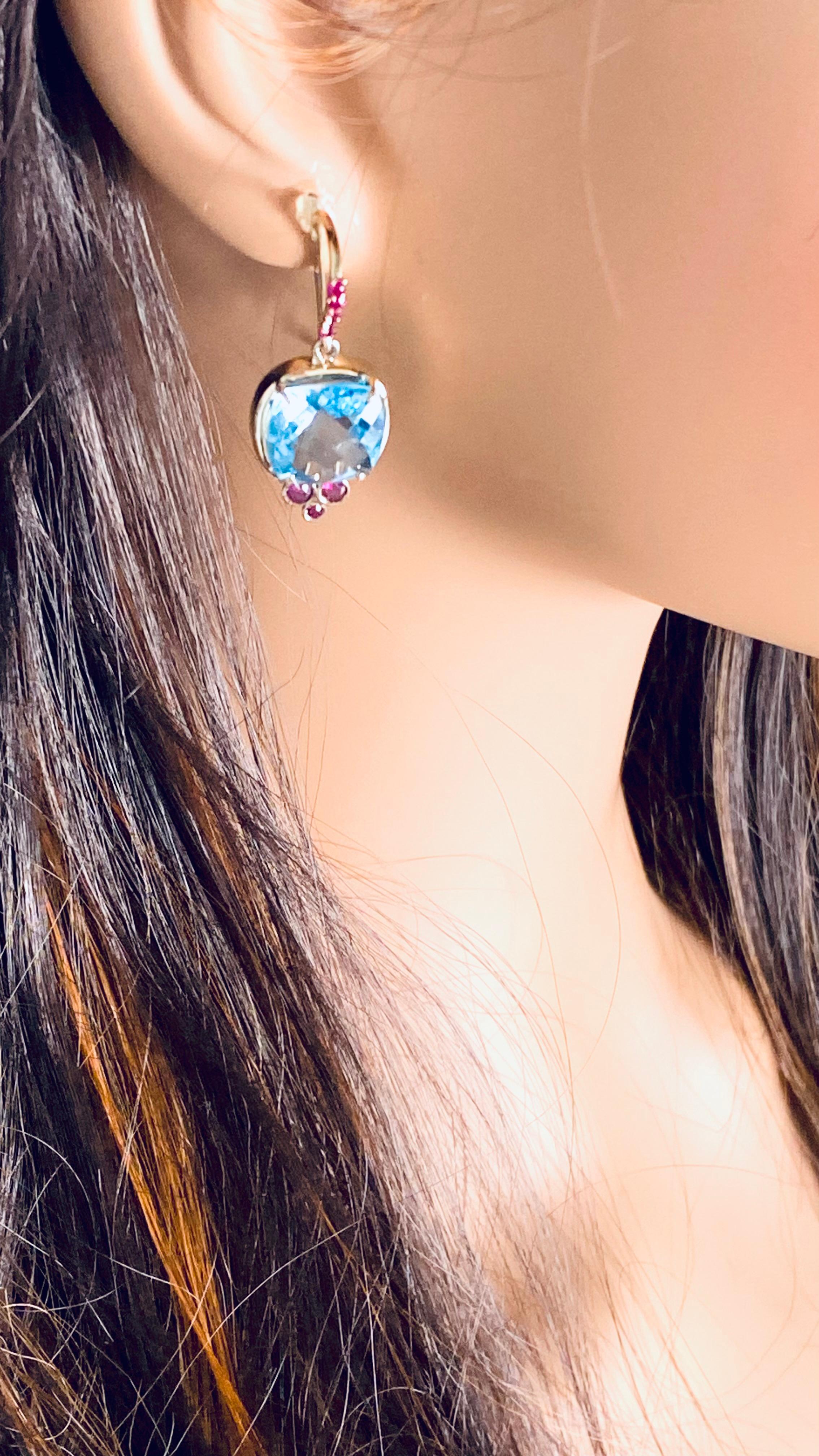 Women's or Men's Exquisite 14 Karat Gold Shepherd Hoop Earrings Blue Topaz Ruby 1.30 Inch Long For Sale