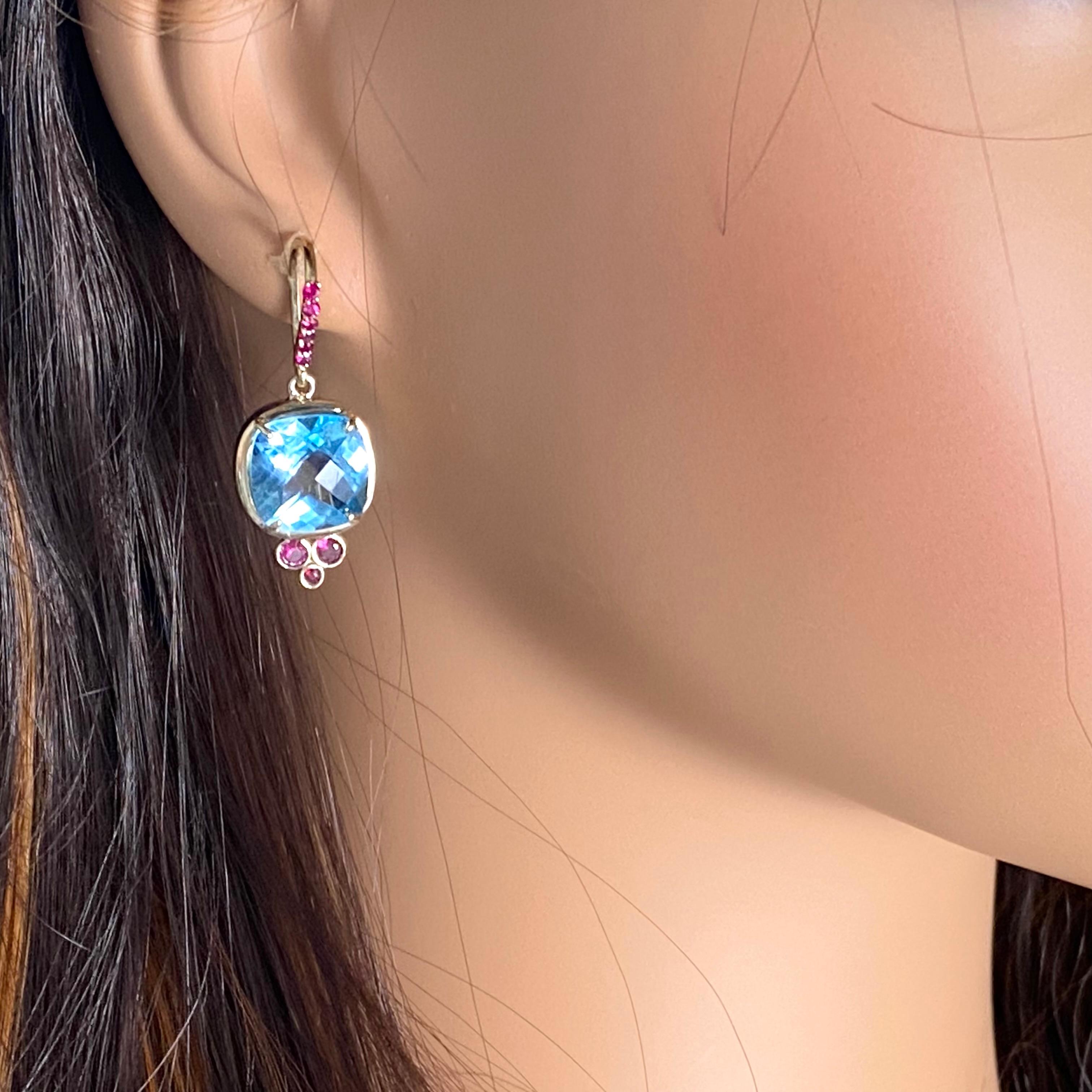 Exquisite 14 Karat Gold Shepherd Hoop Earrings Blue Topaz Ruby 1.30 Inch Long For Sale 1