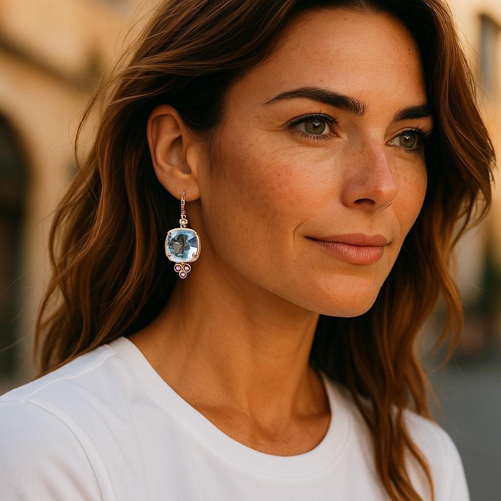 Cushion Cut Exquisite 14 Karat Gold Shepherd Hoop Earrings Blue Topaz Ruby 1.30 Inch Long For Sale