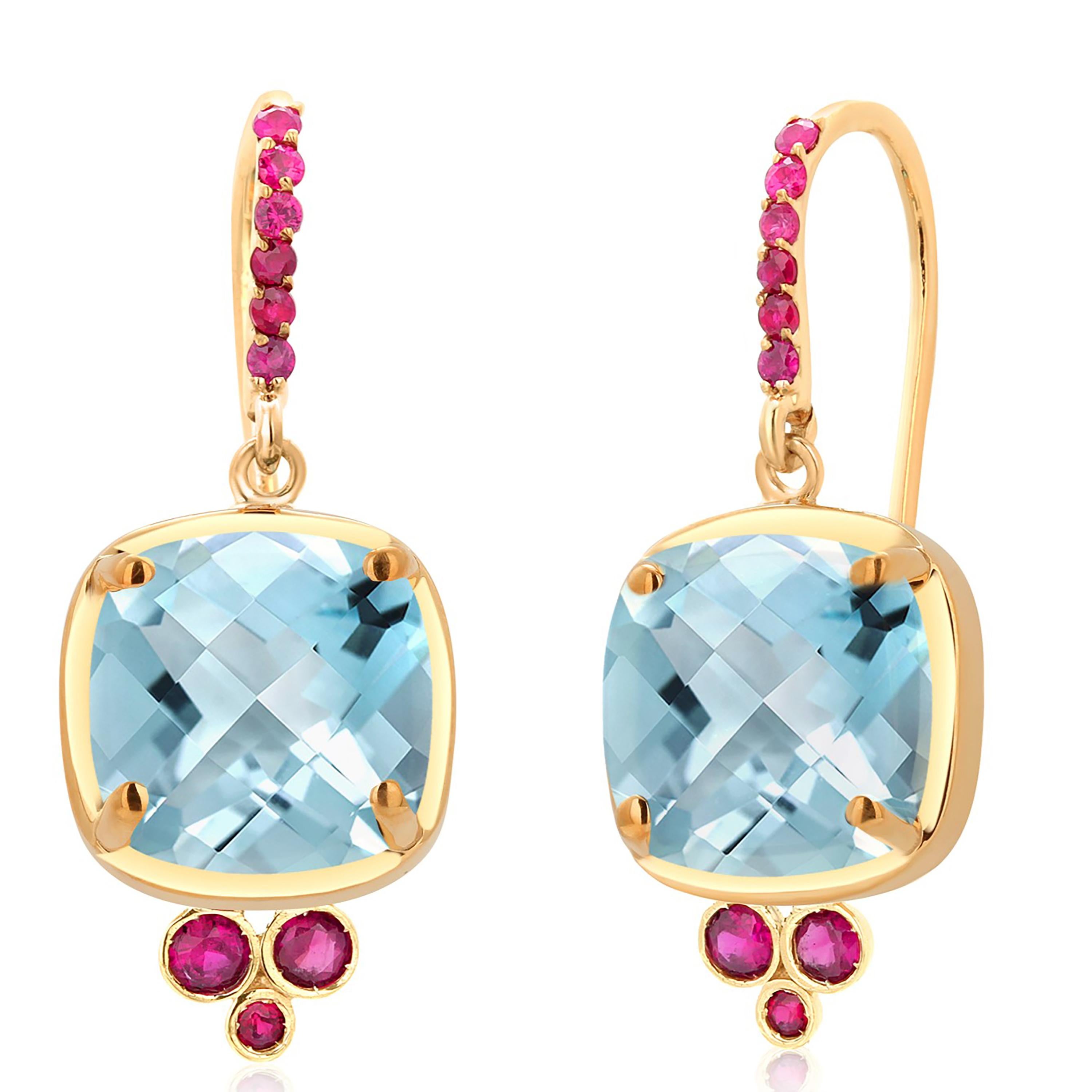 Exquisite 14 Karat Gold Shepherd Hoop Earrings Blue Topaz Ruby 1.30 Inch Long For Sale 3
