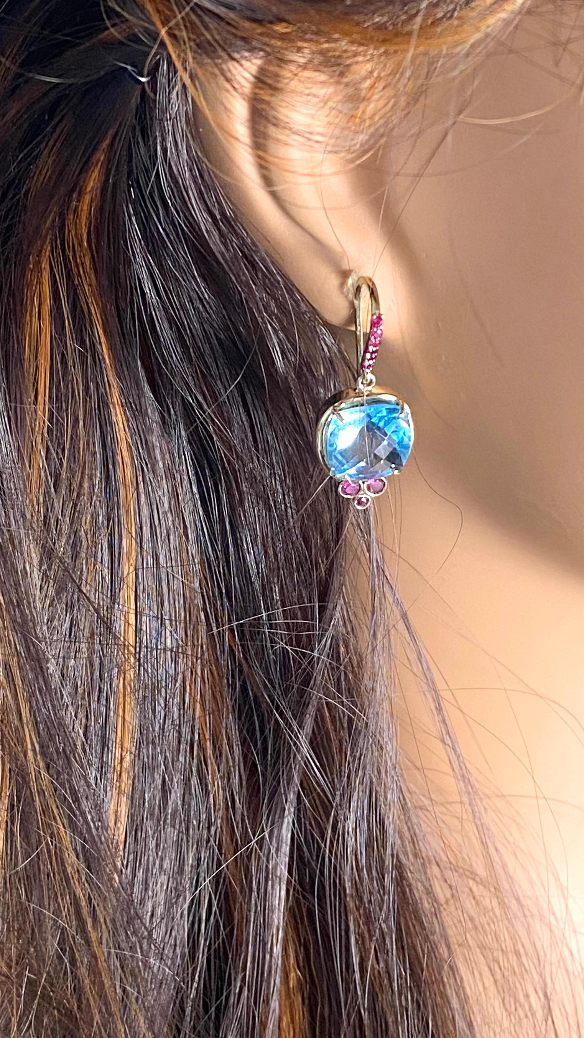 Exquisite 14 Karat Gold Shepherd Hoop Earrings Blue Topaz Ruby 1.30 Inch Long For Sale 4
