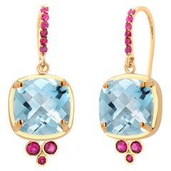Exquisite 14 Karat Gold Hirten-Ohrringe Blauer Topas Rubin 1,30 Zoll lang