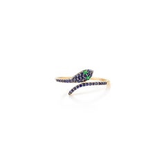 Exquisite 14 Karat Solid Gold Serpent Ring with Pave Set Sapphires & Emeralds