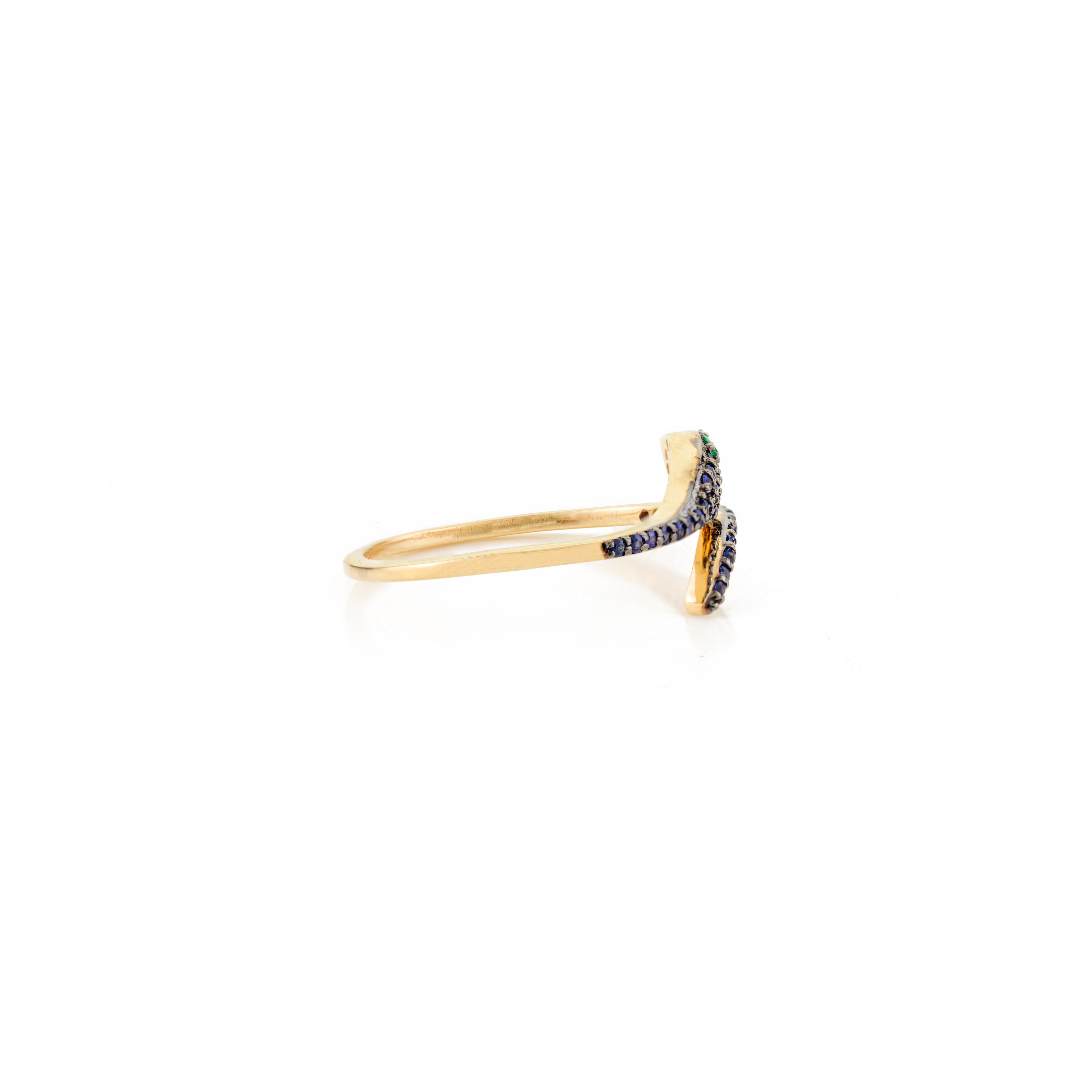For Sale:  Exquisite 14 Karat Solid Gold Serpent Ring with Pave Set Sapphires & Emeralds 3