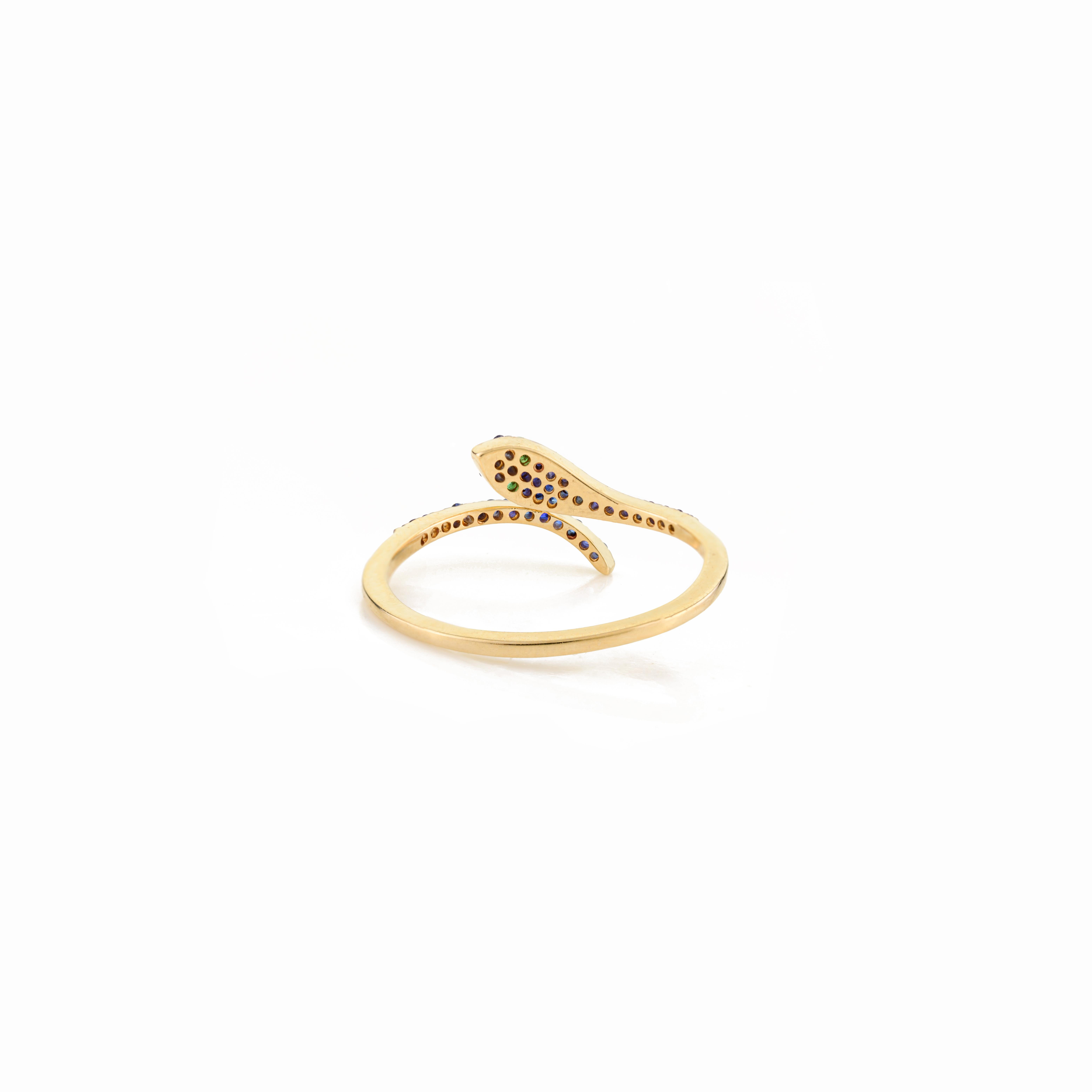 For Sale:  Exquisite 14 Karat Solid Gold Serpent Ring with Pave Set Sapphires & Emeralds 4