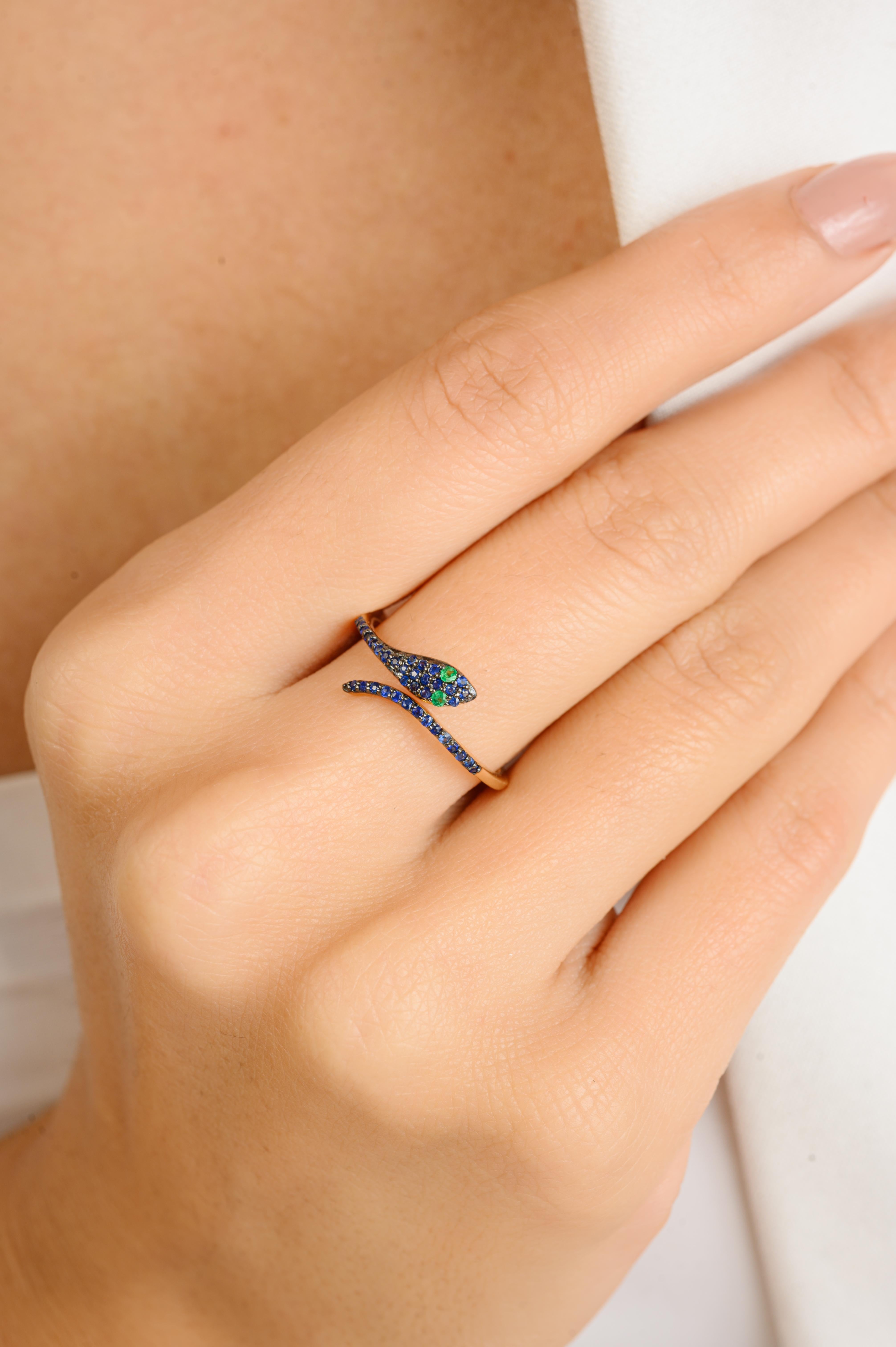 For Sale:  Exquisite 14 Karat Solid Gold Serpent Ring with Pave Set Sapphires & Emeralds 7
