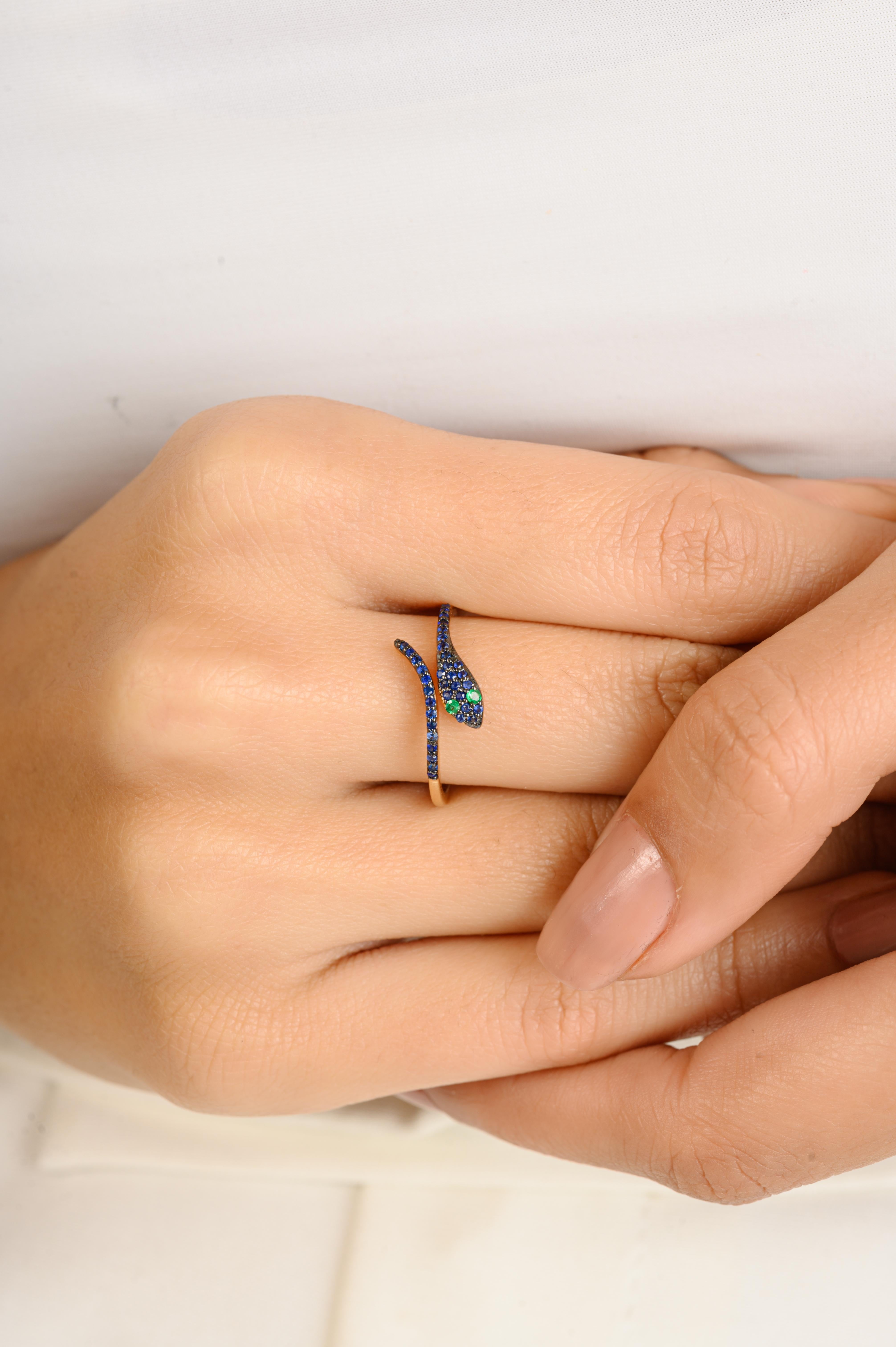 For Sale:  Exquisite 14 Karat Solid Gold Serpent Ring with Pave Set Sapphires & Emeralds 8