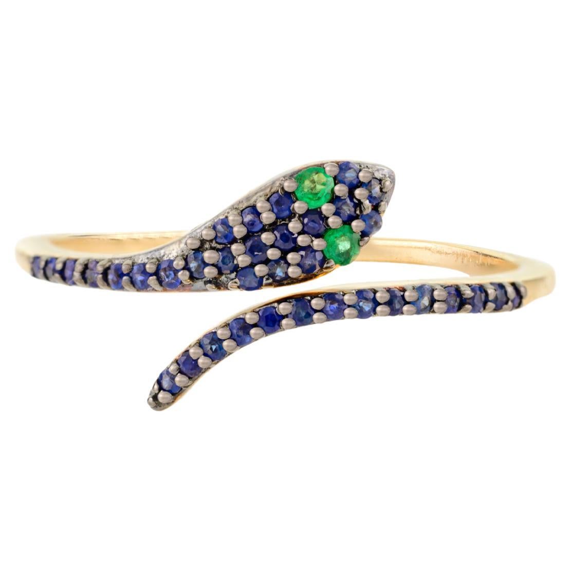 For Sale:  Exquisite 14 Karat Solid Gold Serpent Ring with Pave Set Sapphires & Emeralds