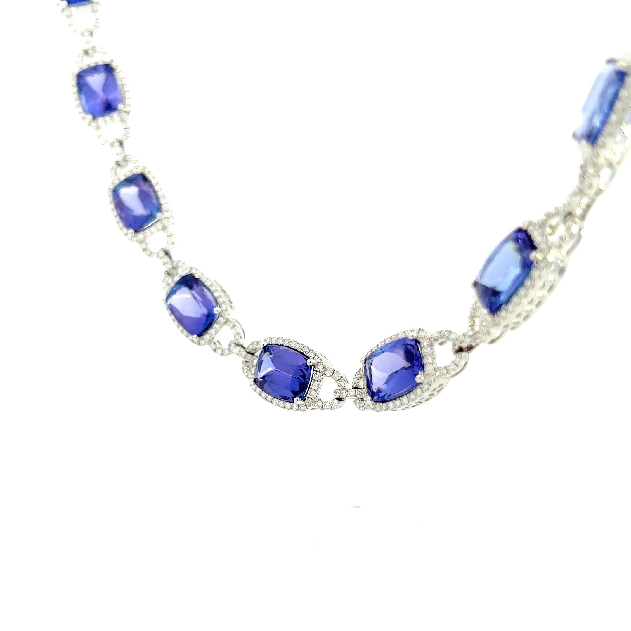 Cushion Cut Exquisite 14 Karat White Gold Cushion Tanzanite Necklace - Vivid AAA Quality For Sale