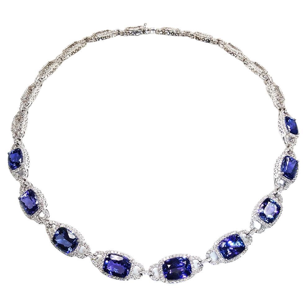 Exquisite 14 Karat White Gold Cushion Tanzanite Necklace - Vivid AAA Quality For Sale