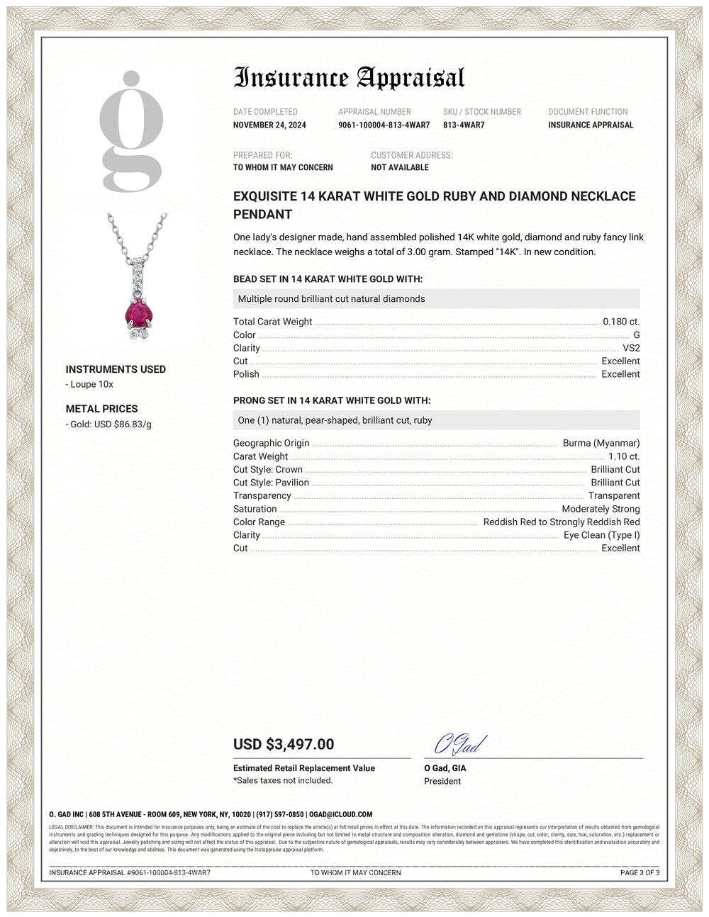 Eleva tu colección de joyas con este exquisito Colgante Collar de Oro Blanco de 14 Kilates, con un cautivador rubí en forma de pera y brillantes diamantes. Perfecta para cualquier ocasión, esta pieza está diseñada para aportar elegancia y