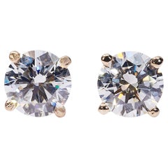 Boucles d'oreilles exquises en or jaune 18k avec diamant rond de 1,42 ct - certifié GIA