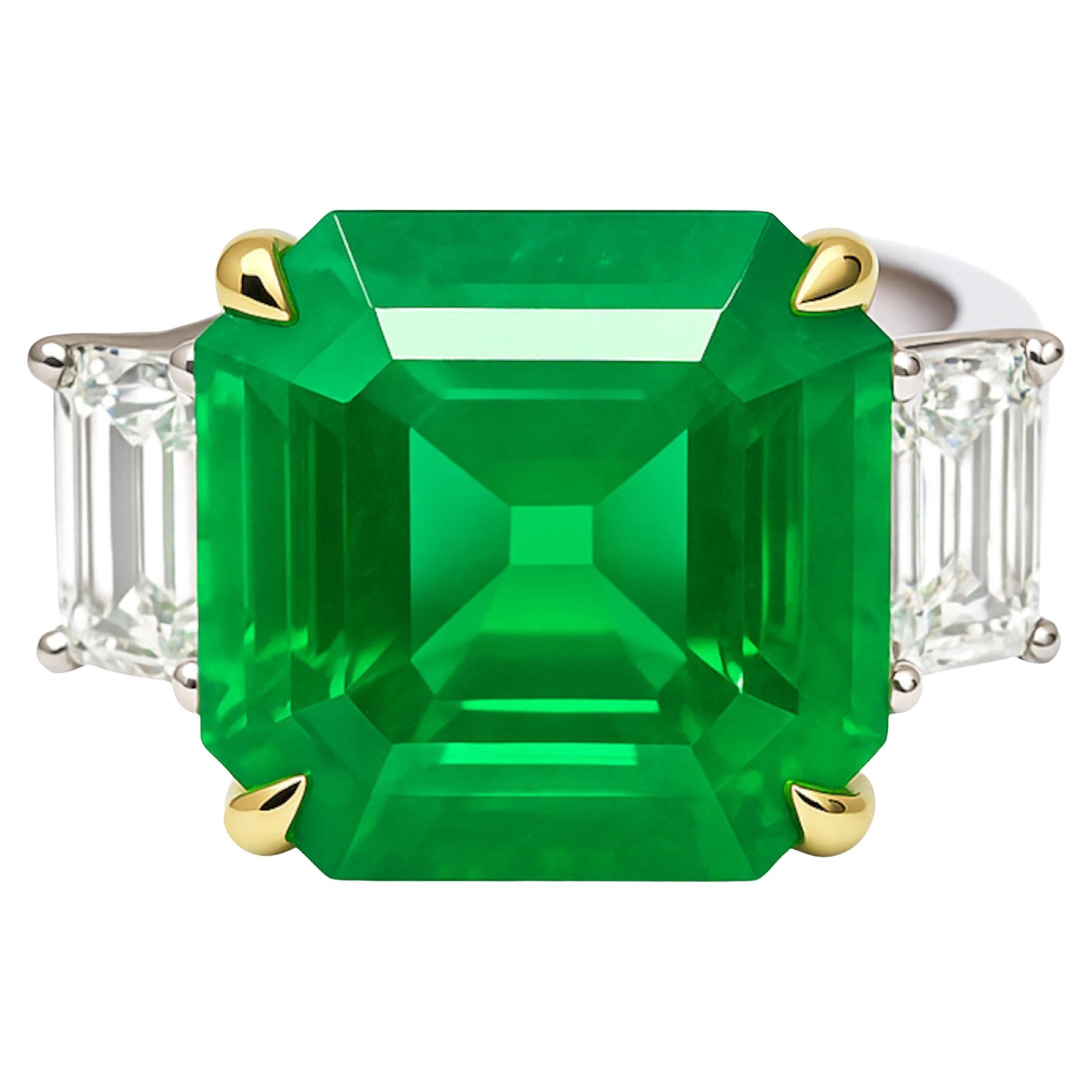 Exquisite 14.49 Carat Colombian Emerald & Diamond Ring GIA Certified  18K White For Sale