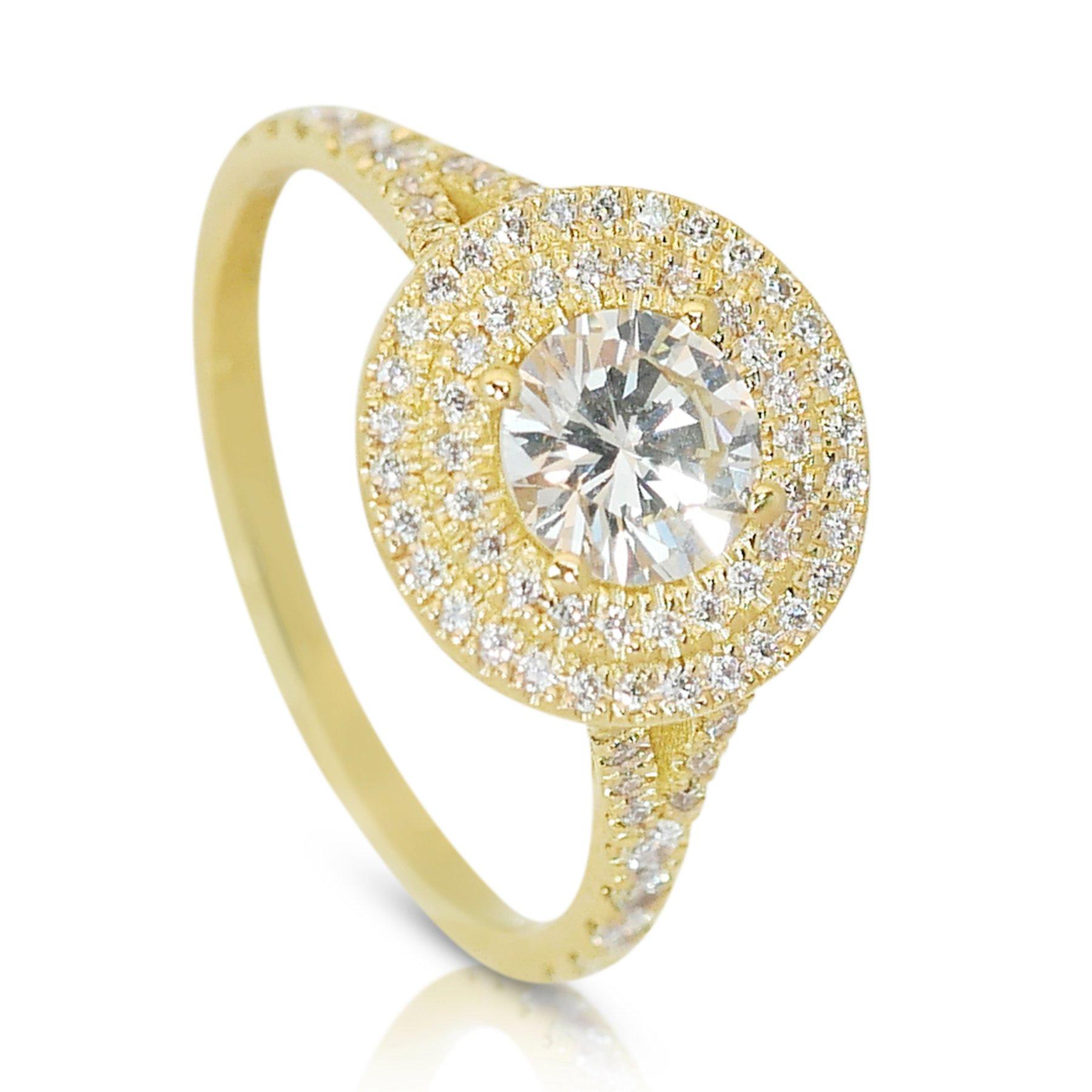 Round Cut Exquisite 1.44ct Diamond Double Halo Ring in 18k Yellow Gold - GIA Certified For Sale