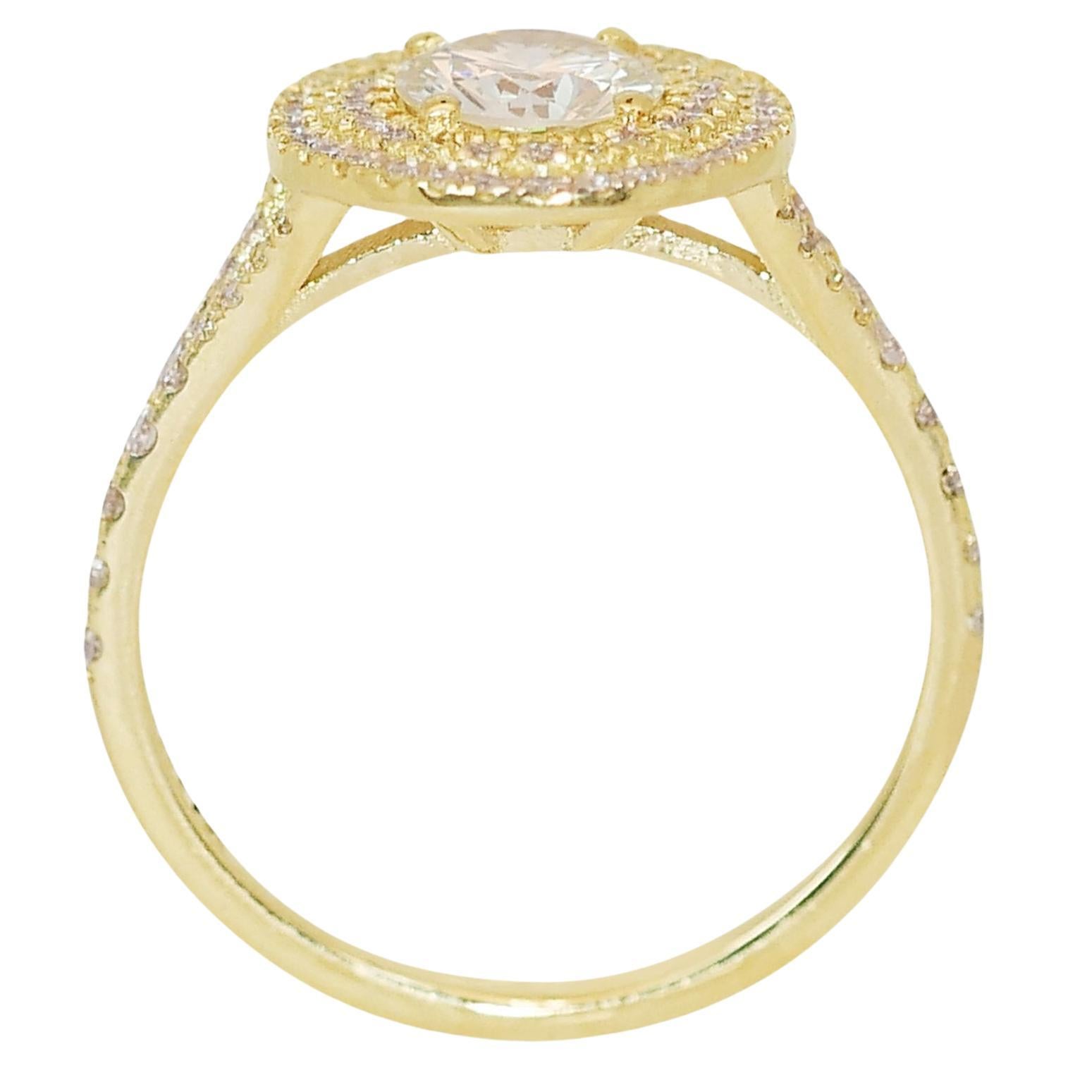 Women's Exquisite 1.44ct Diamond Double Halo Ring in 18k Yellow Gold - GIA Certified For Sale