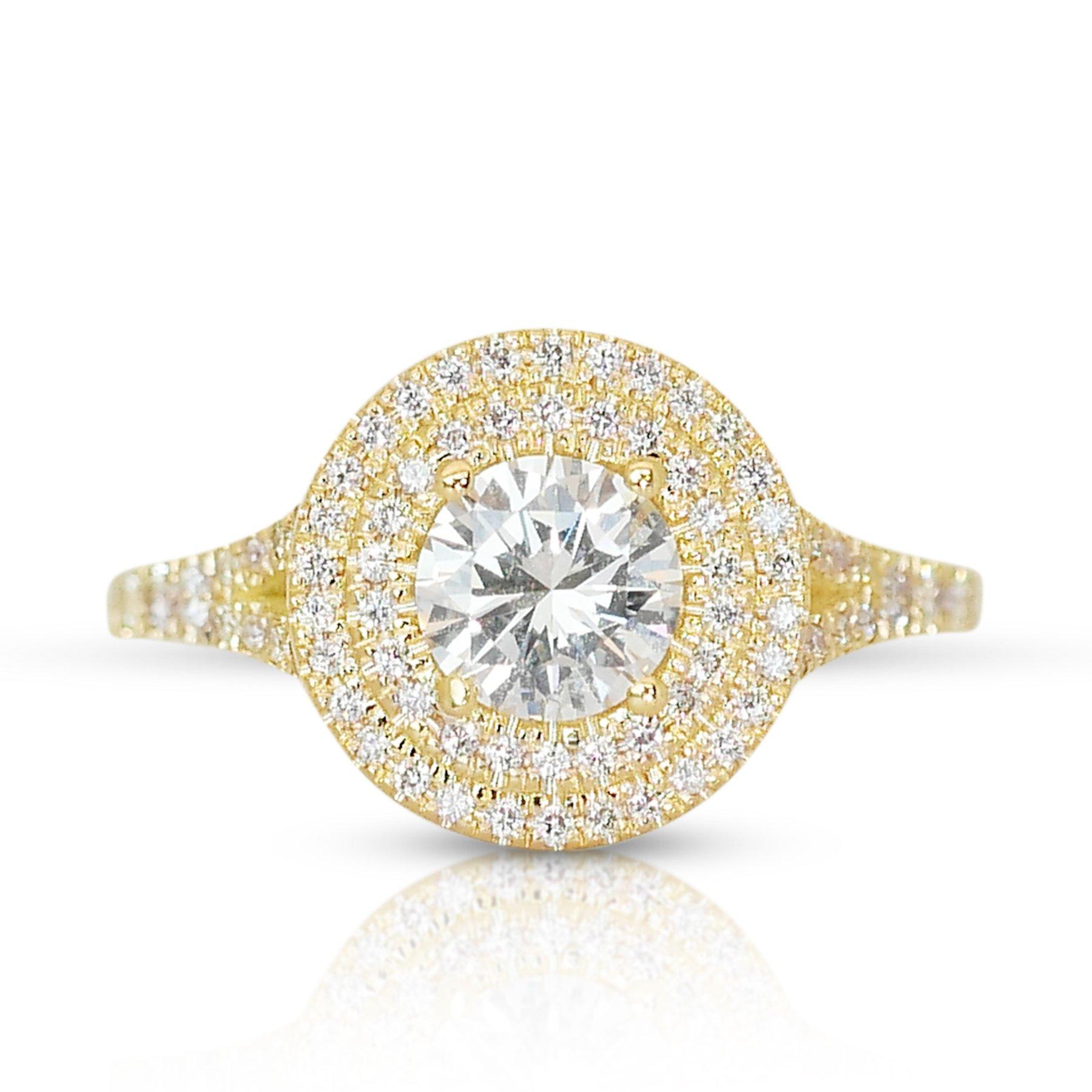 Exquisite 1.44ct Diamond Double Halo Ring in 18k Yellow Gold - GIA Certified For Sale 2