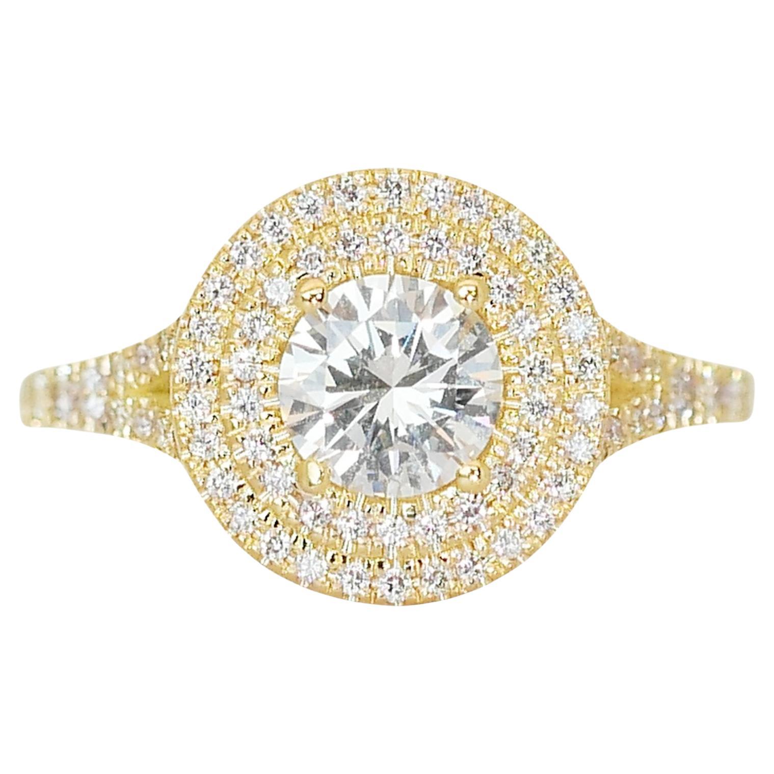 Exquisite 1.44ct Diamond Double Halo Ring in 18k Yellow Gold - GIA Certified For Sale