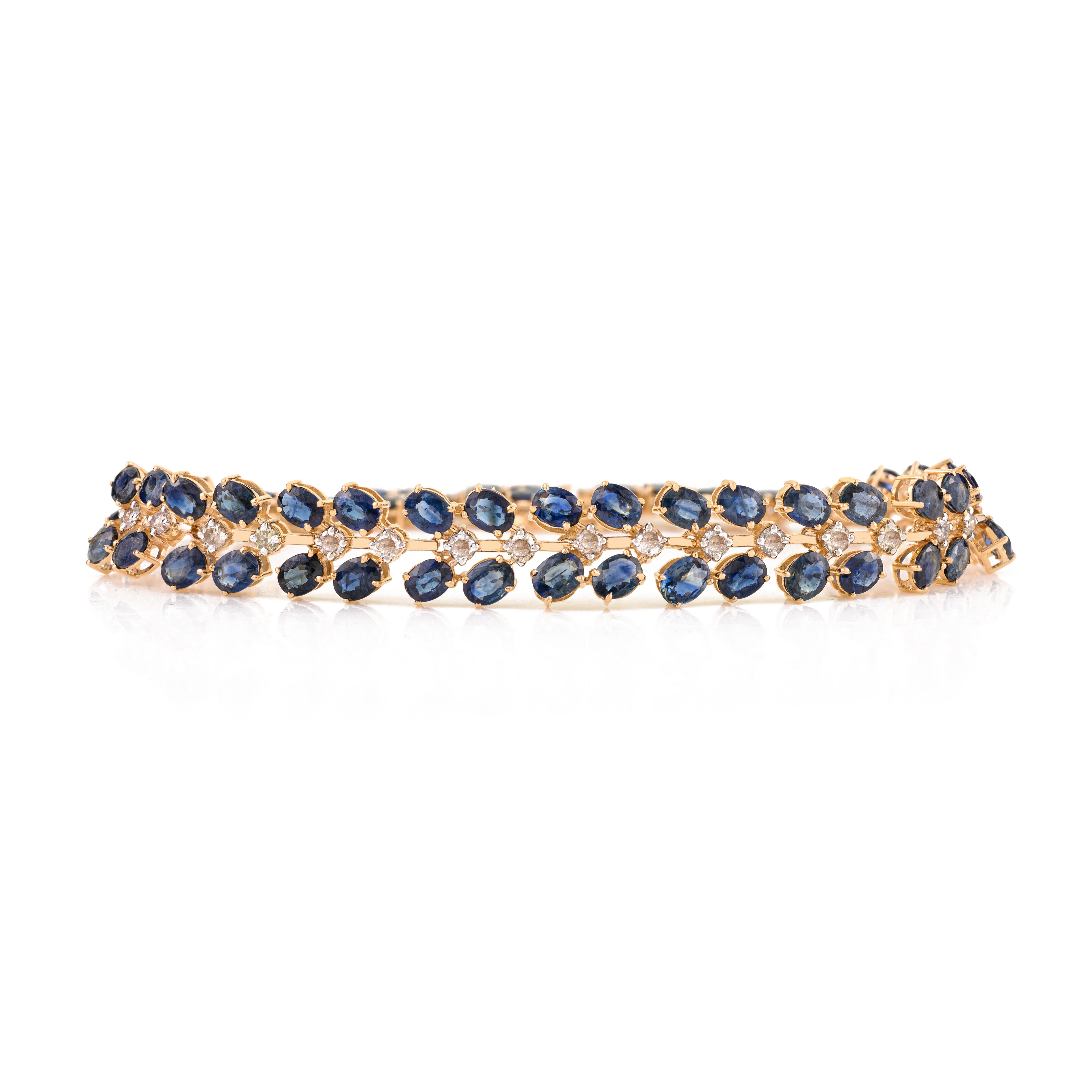 Exquisite 14.84 Blue Sapphire Diamond Tennis Bracelet in 14K Yellow Gold For Sale